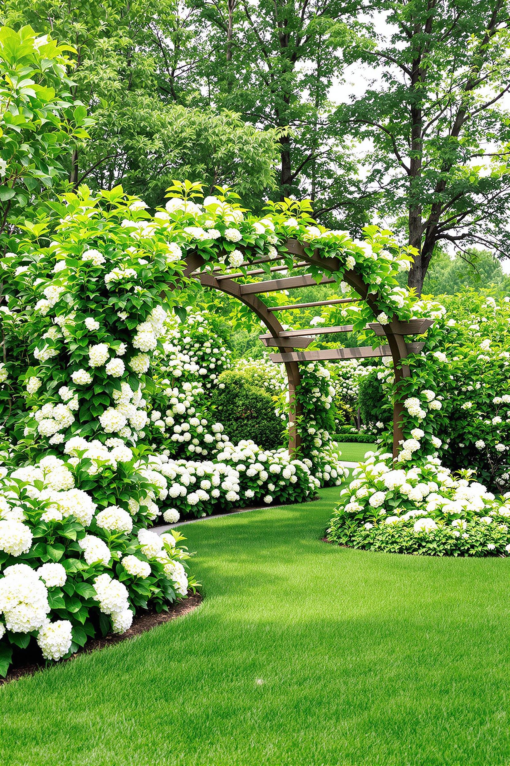 Garden with archway covered in white blossoms and green foliage