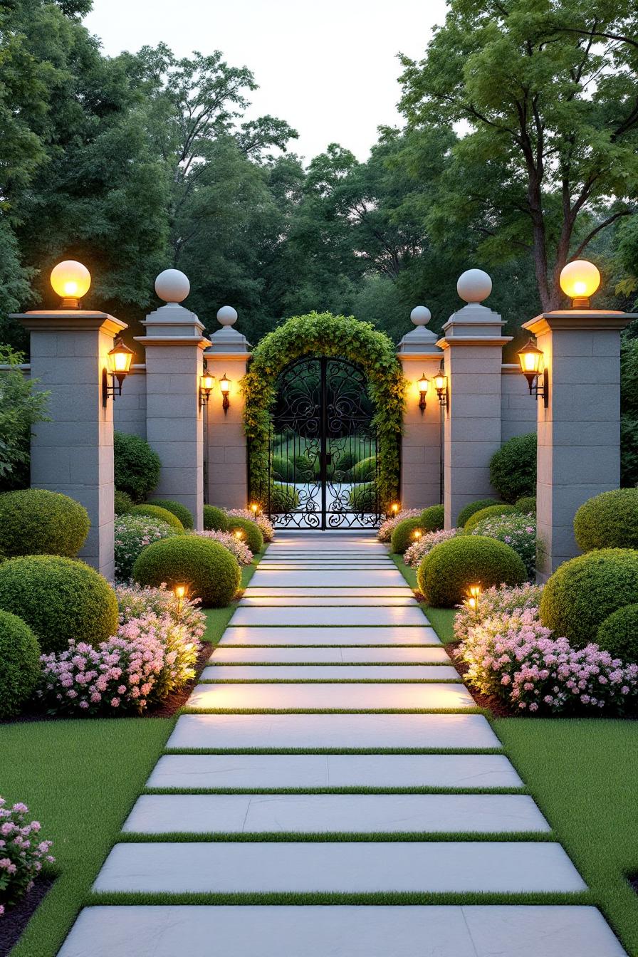 Elegant garden path leading to a wrought-iron gate