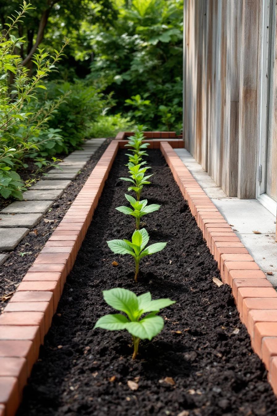 Brick-edged garden with seedlings in neat rows
