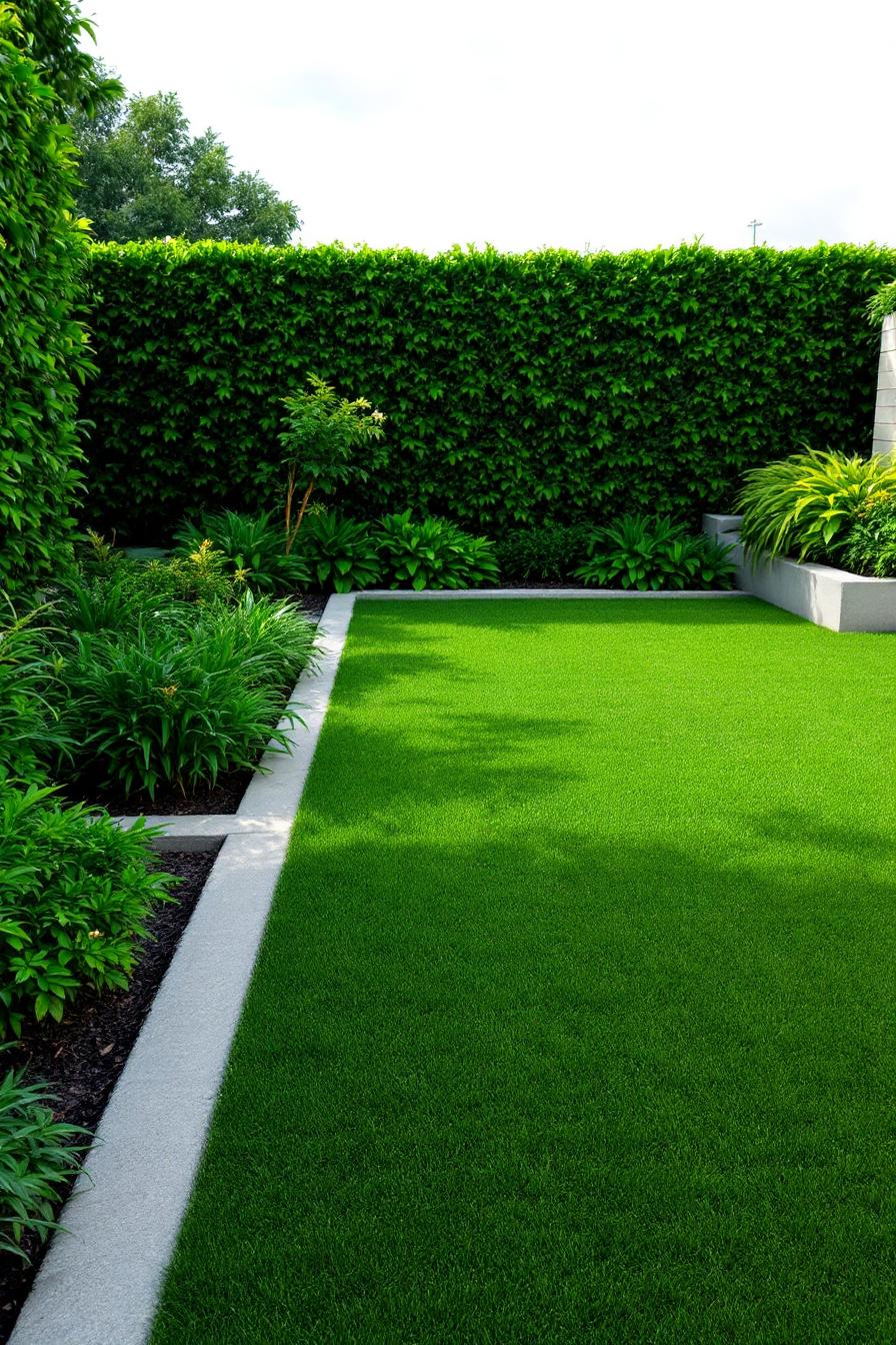 Vibrant lawn bordered by lush greenery and sleek concrete edges