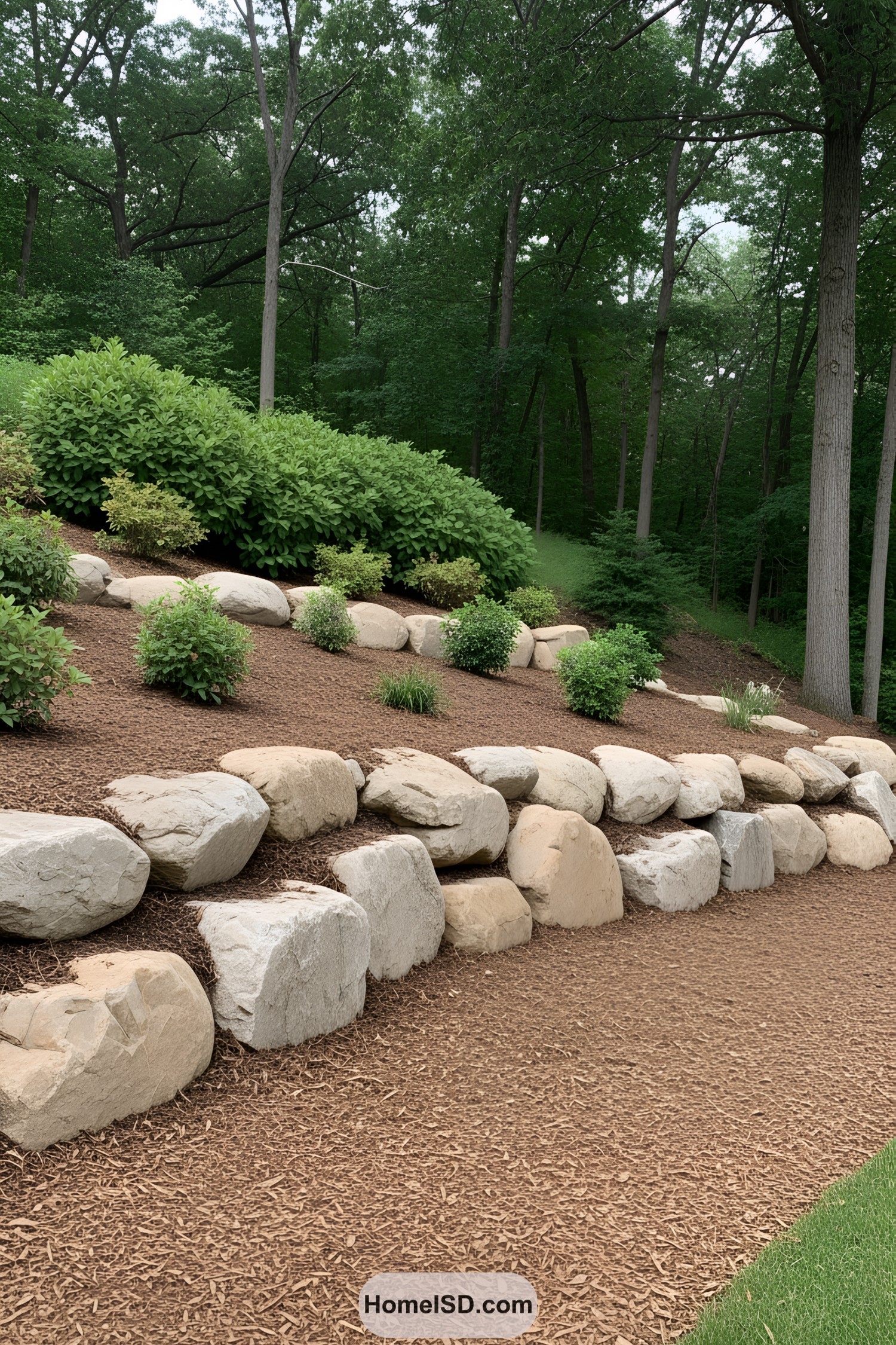Boulders and shrubs on a mulched slope in a forested area
