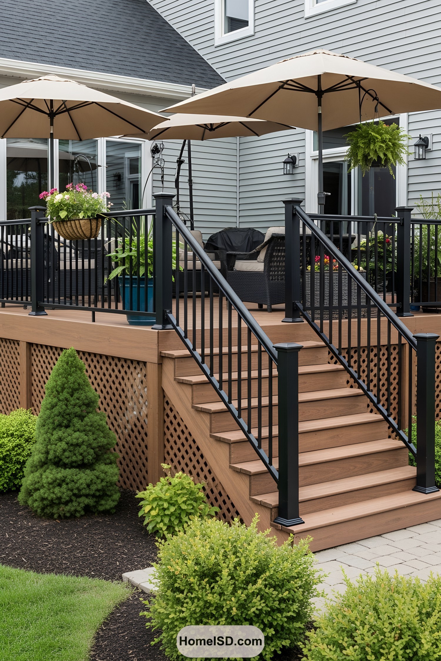Wooden deck with lattice skirting and black railing
