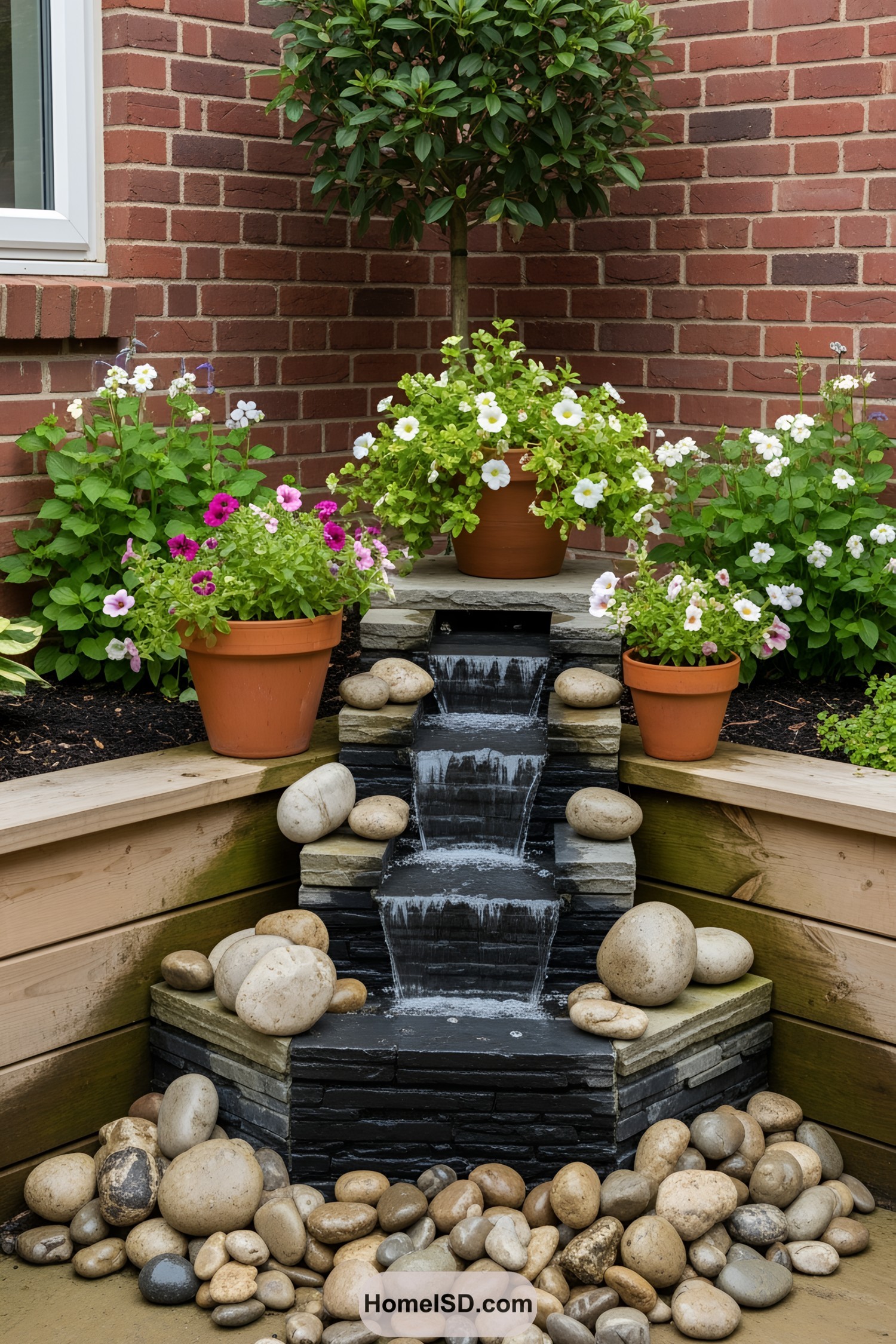 Mini waterfall with surrounding flowers and pebbles
