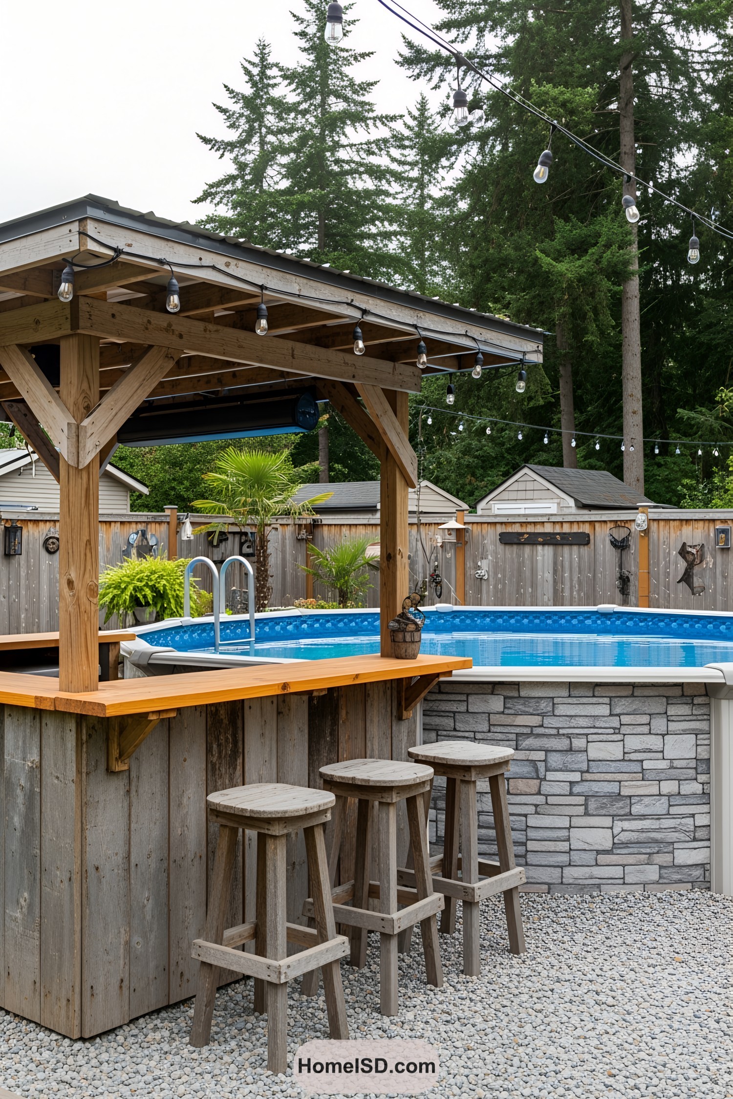 Above-ground pool with wooden bar and stools