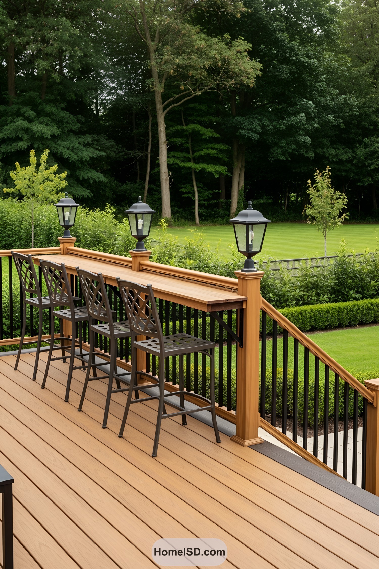Stylish deck railing with bar stools and lanterns