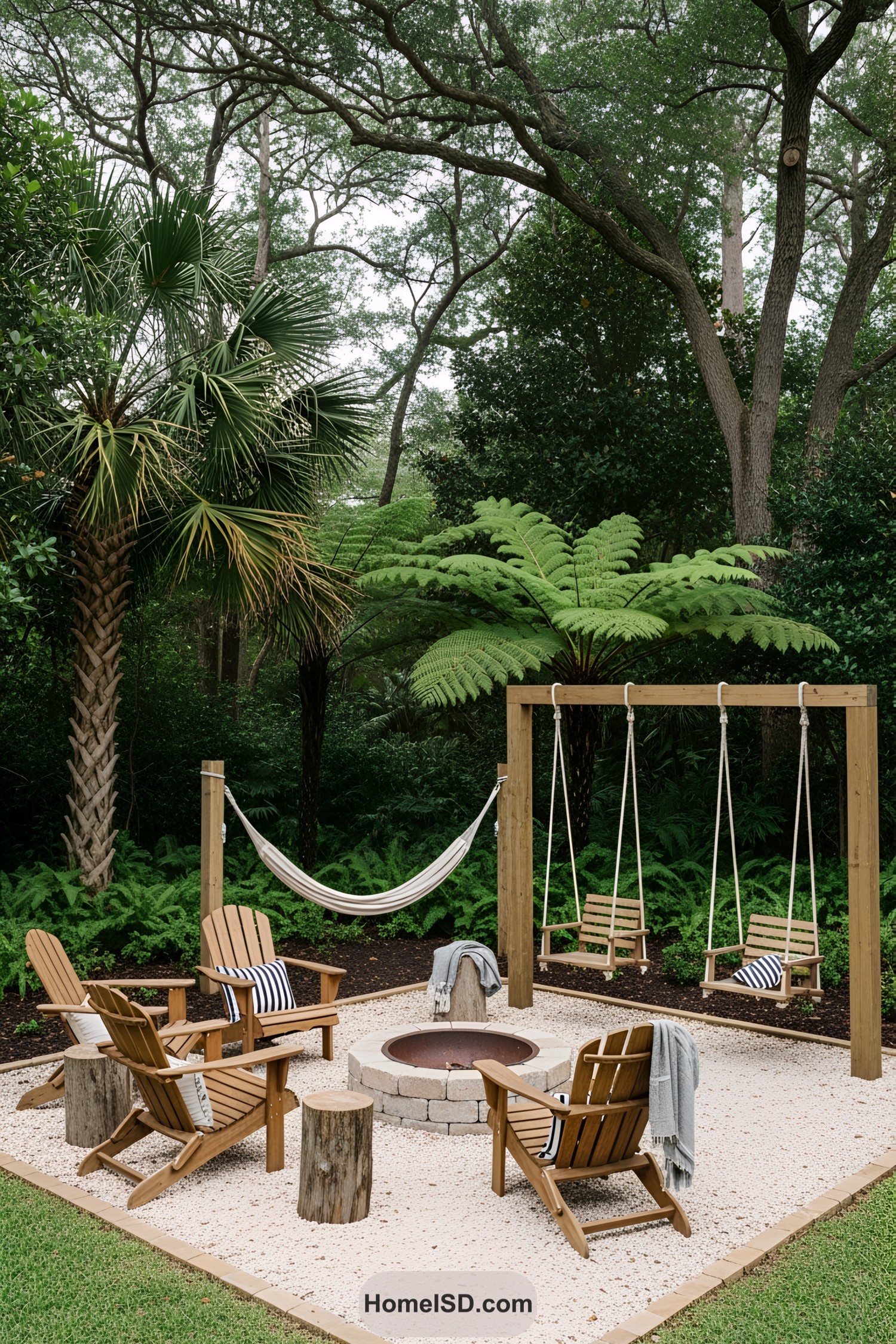 Fire pit area with wooden chairs and swings