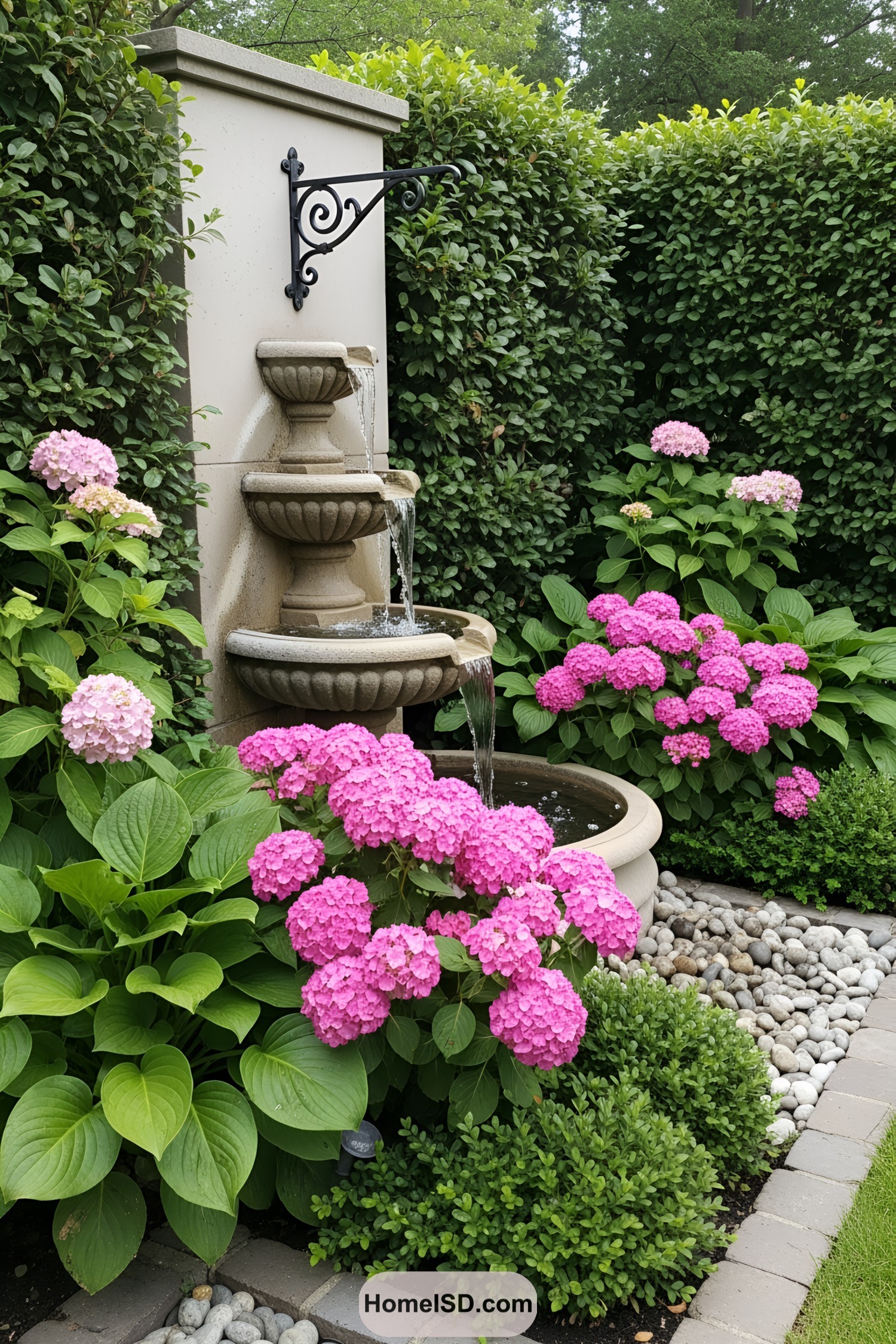 Tiered fountain surrounded by pink hydrangeas and greenery