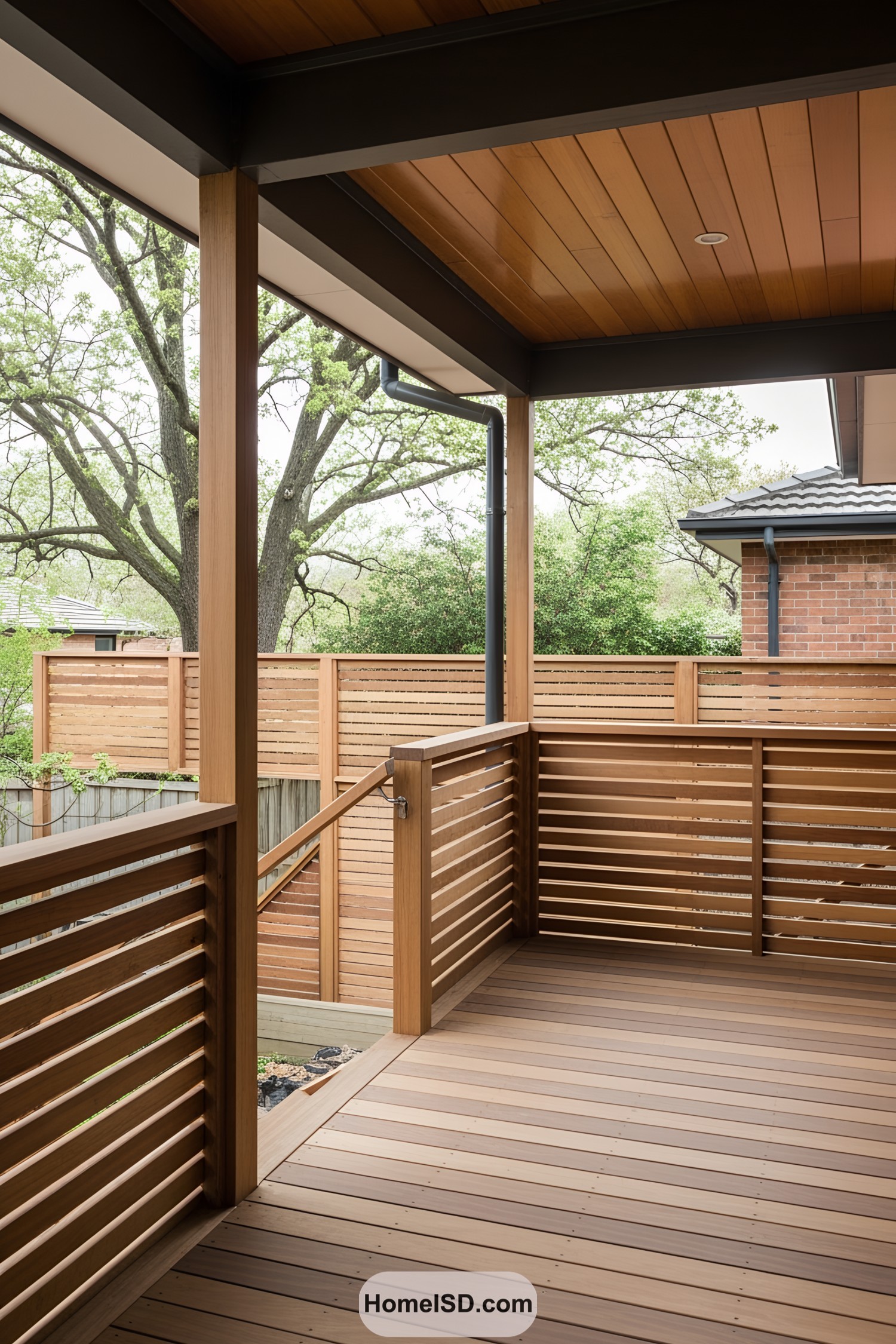 Modern wooden deck with horizontal railings