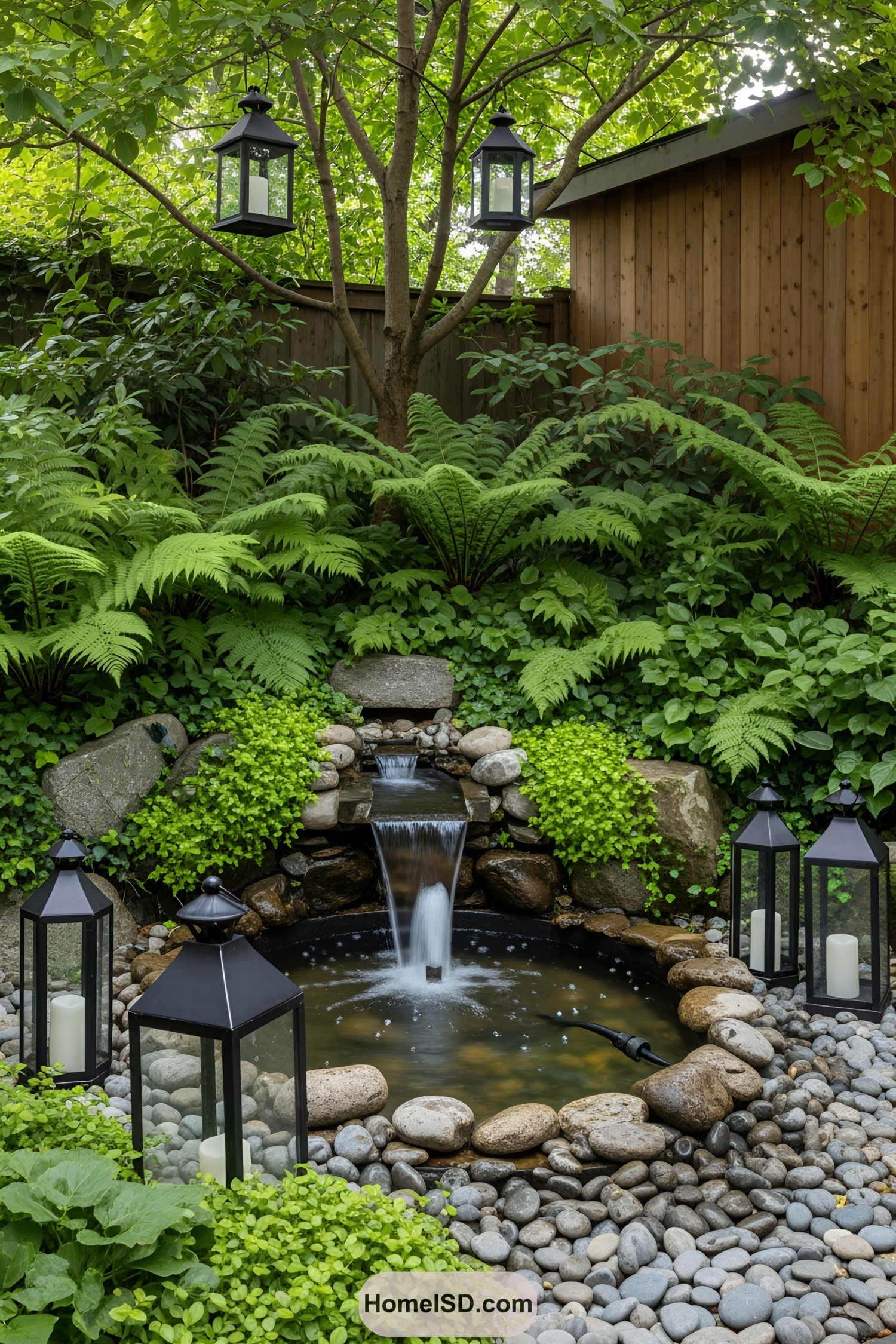 Small backyard fountain with surrounding foliage and lanterns