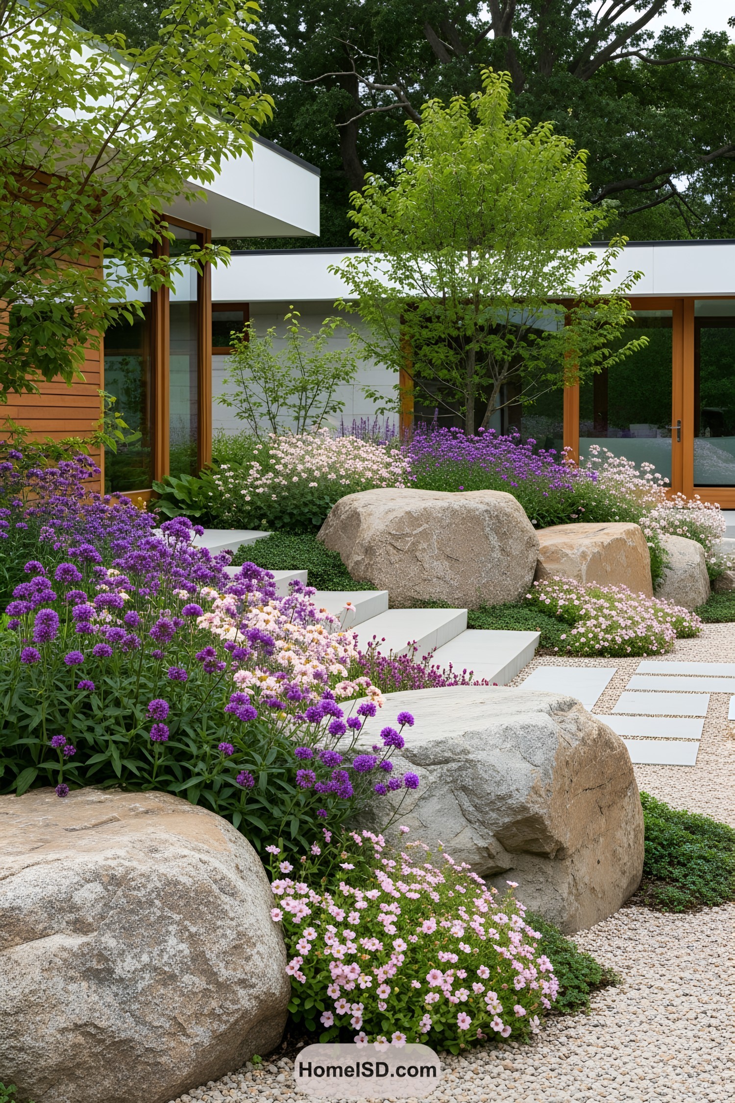 Elegant garden pathway with colorful flowers and large boulders