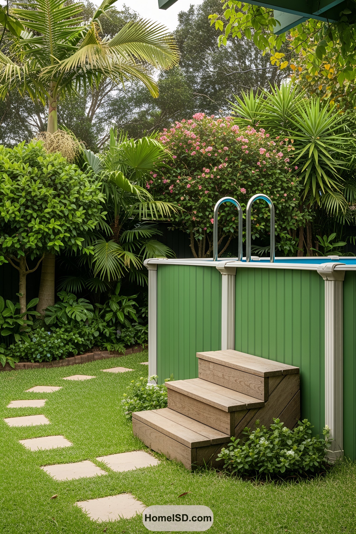 Elevated pool with wooden steps in a lush garden setting