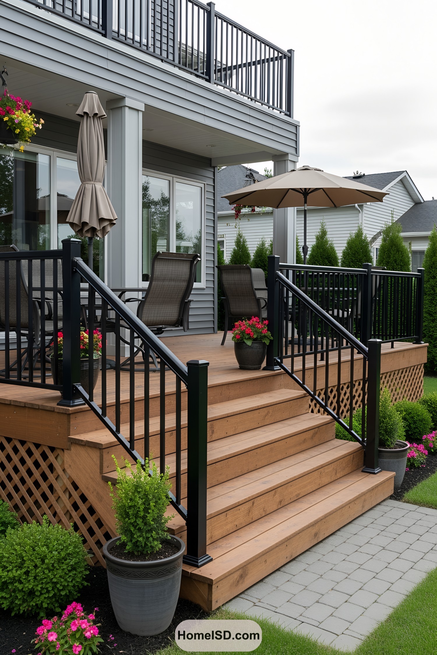 Spacious deck with sleek black railings
