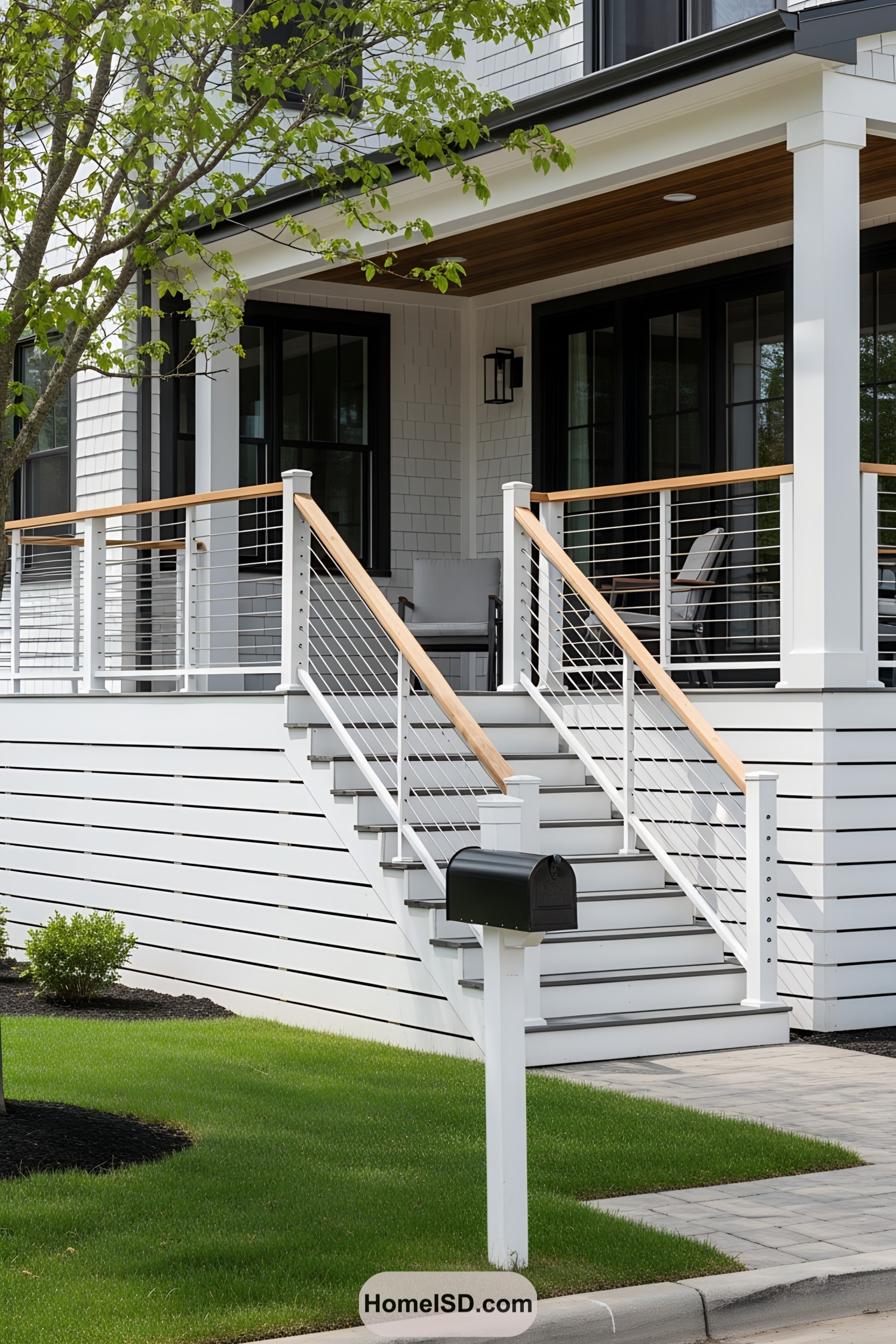 Modern deck with horizontal white skirting and cable railing