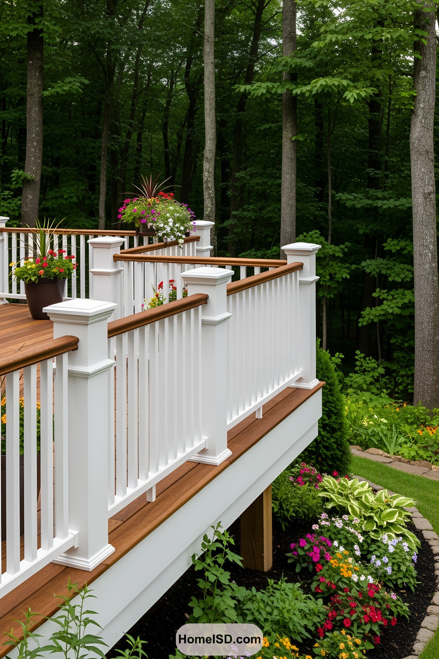 Deck with white railing and vibrant planters