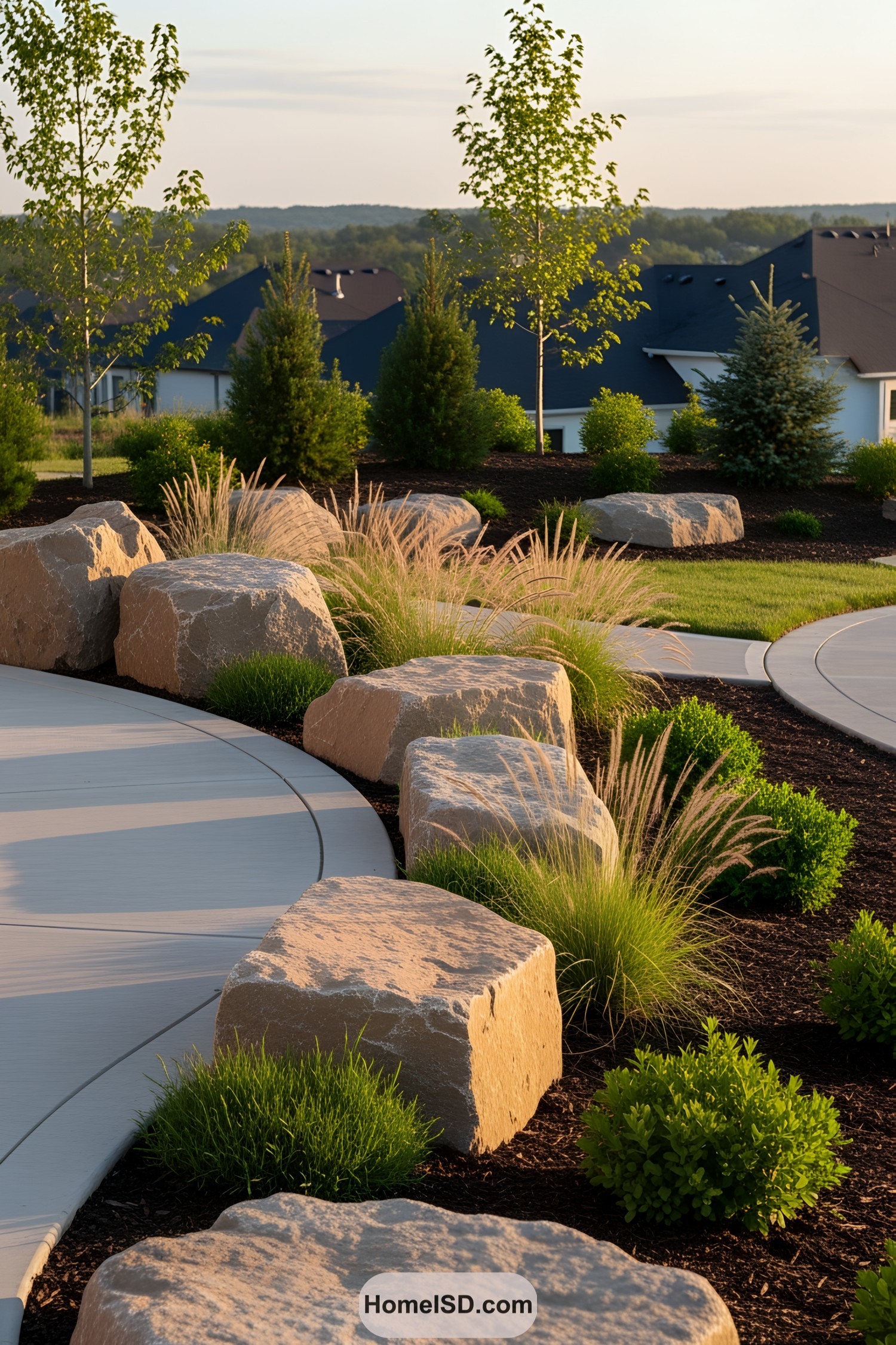 Boulders and lush greenery in a landscaped garden