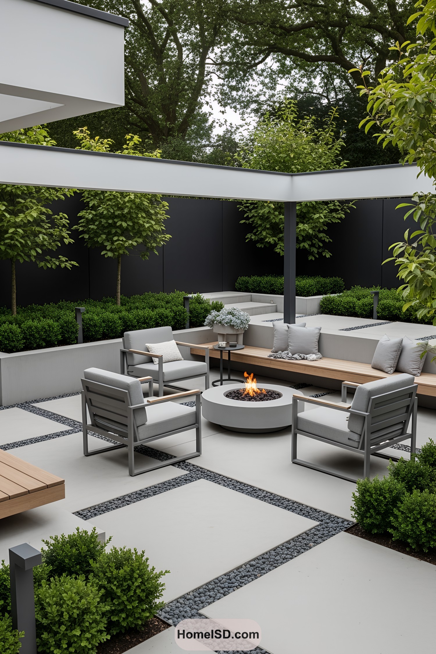 Modern outdoor seating area with fire pit