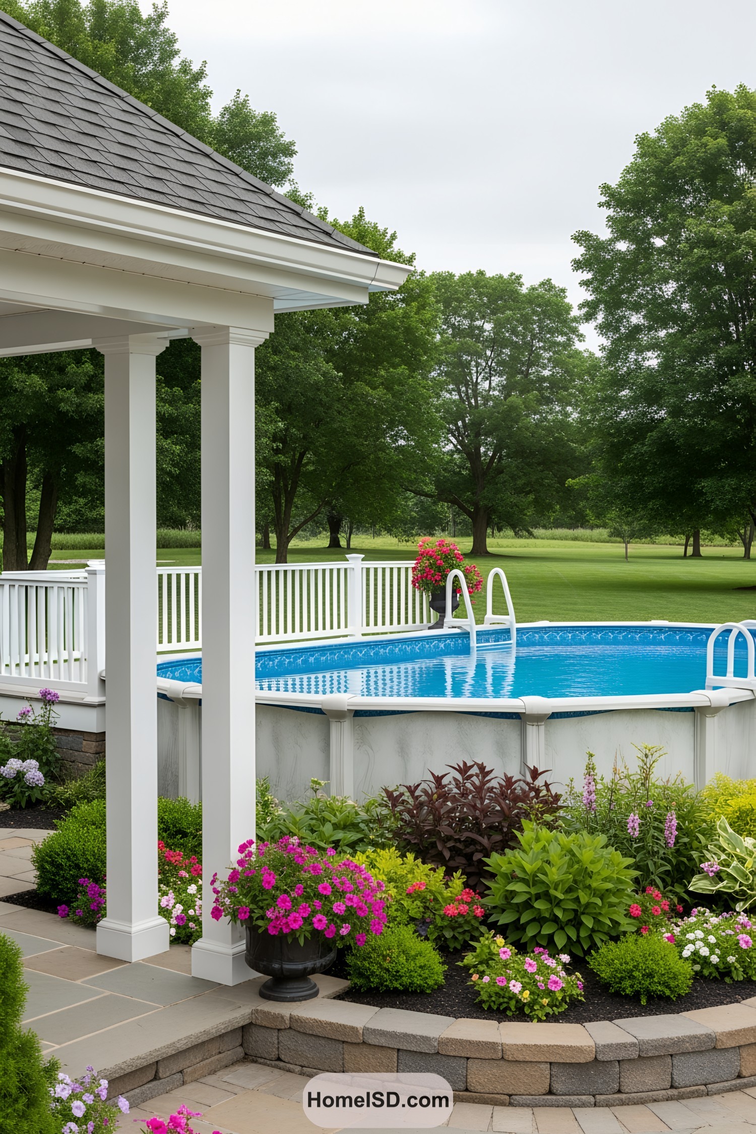 Above-ground pool with flowering garden and white railing