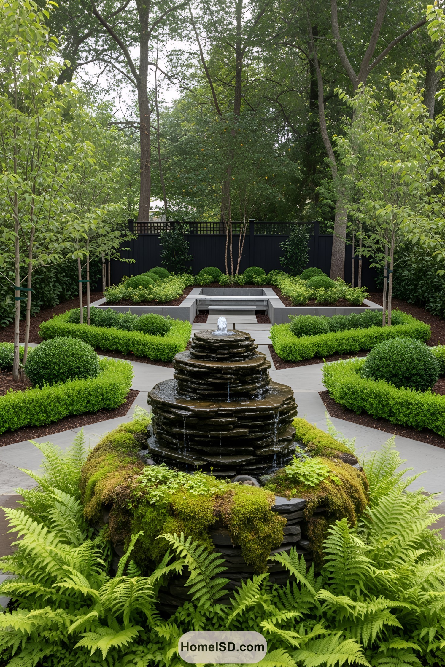 Lush garden with a tiered stone fountain