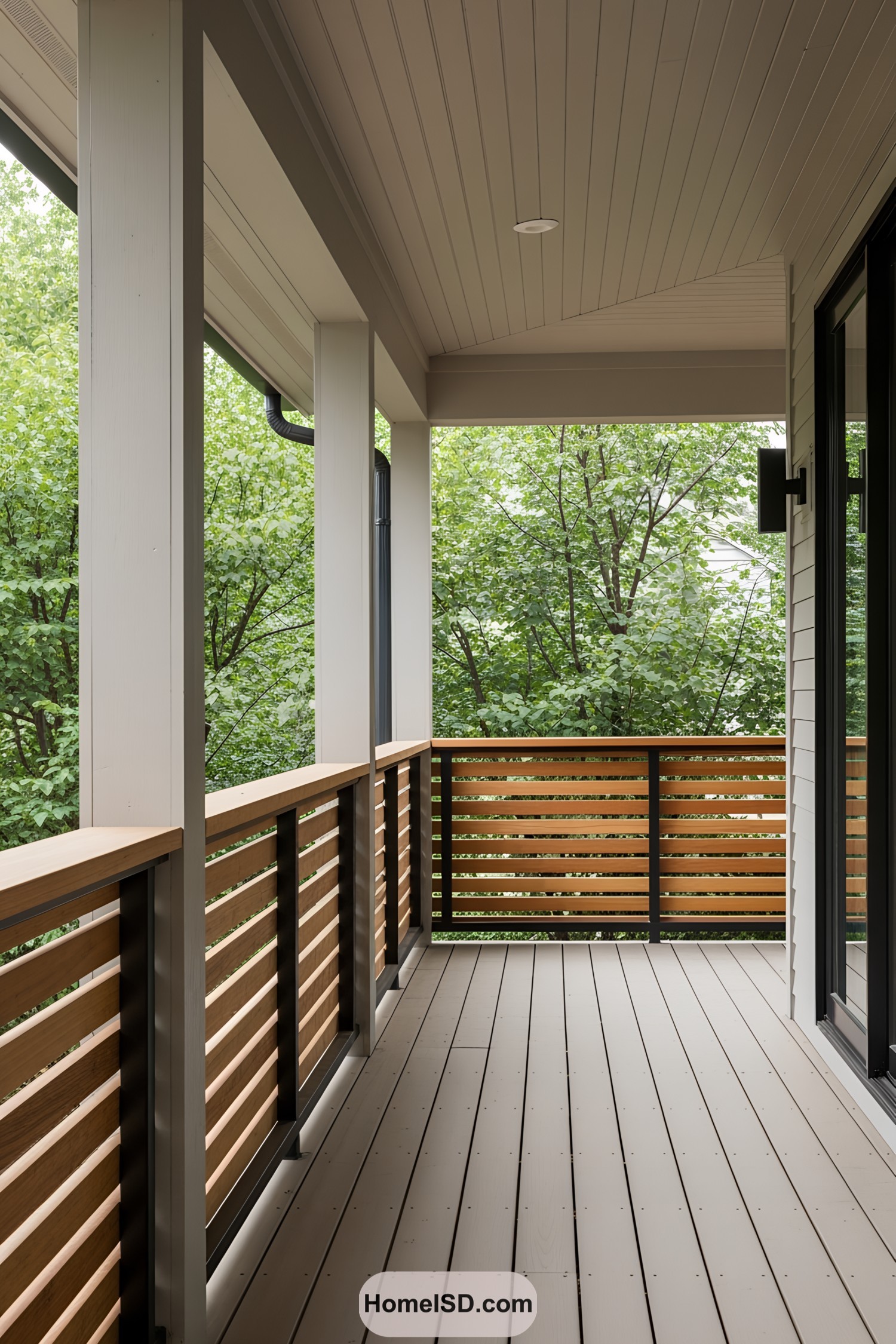 Wooden deck with lush green backdrop