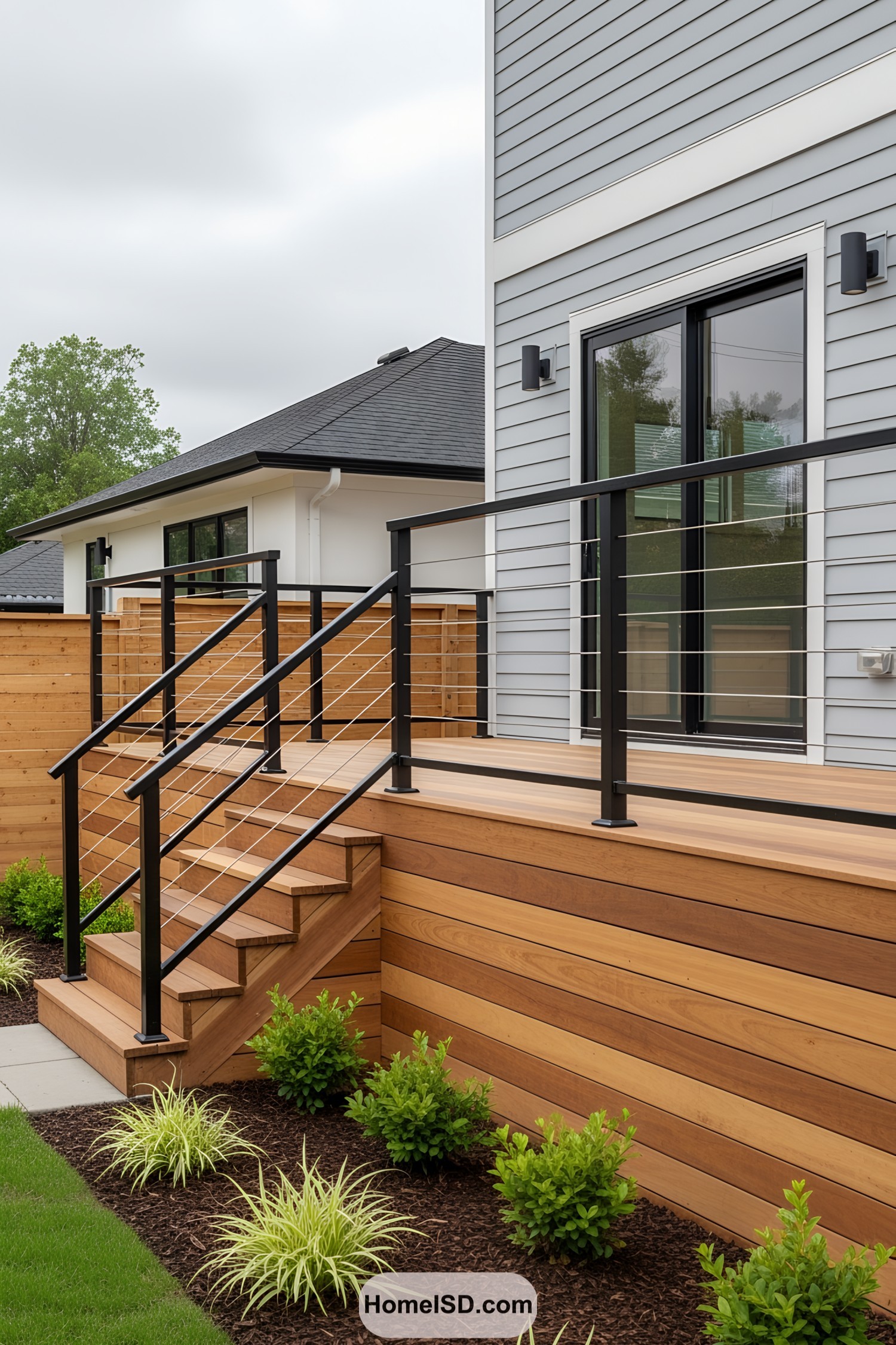 Modern deck with wooden skirting and cable railing