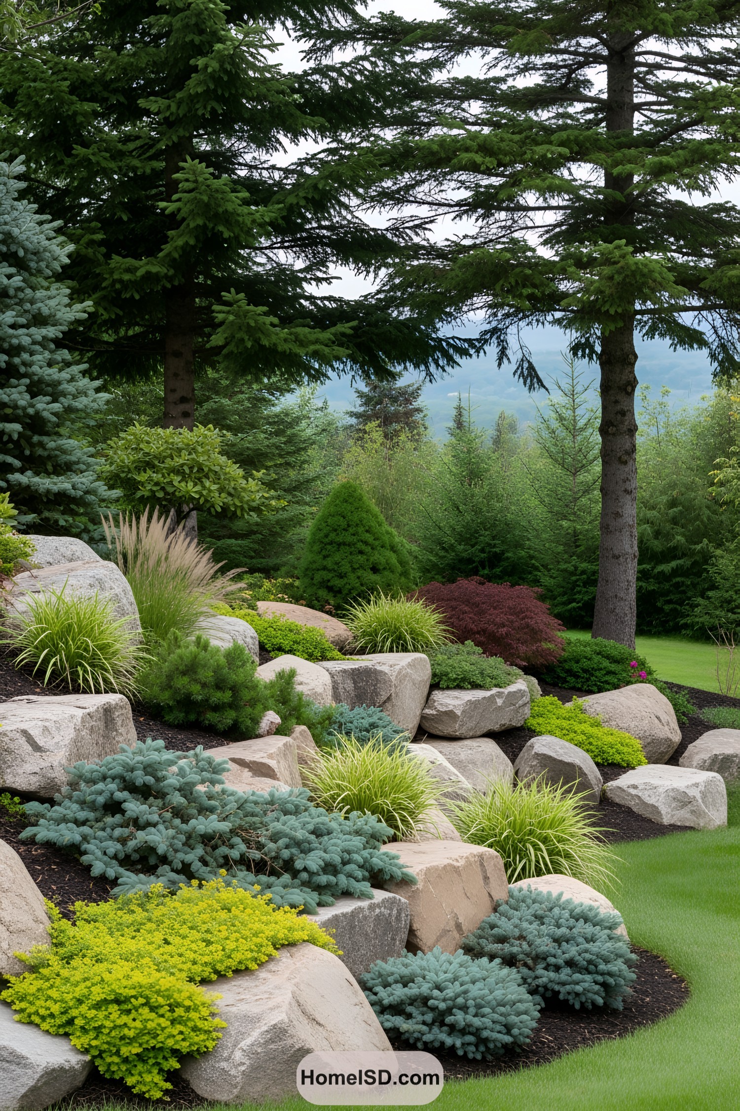 Boulders and plants in a lush outdoor setting