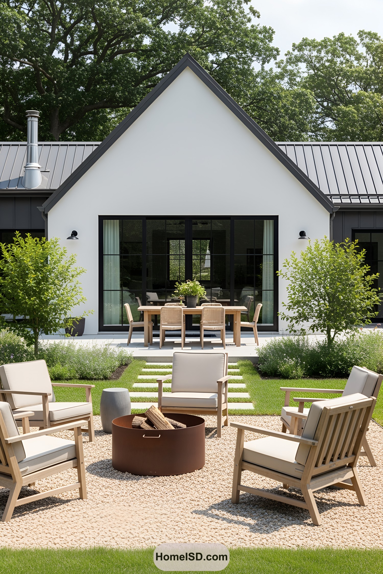 Outdoor seating around a fire pit with modern chairs and greenery