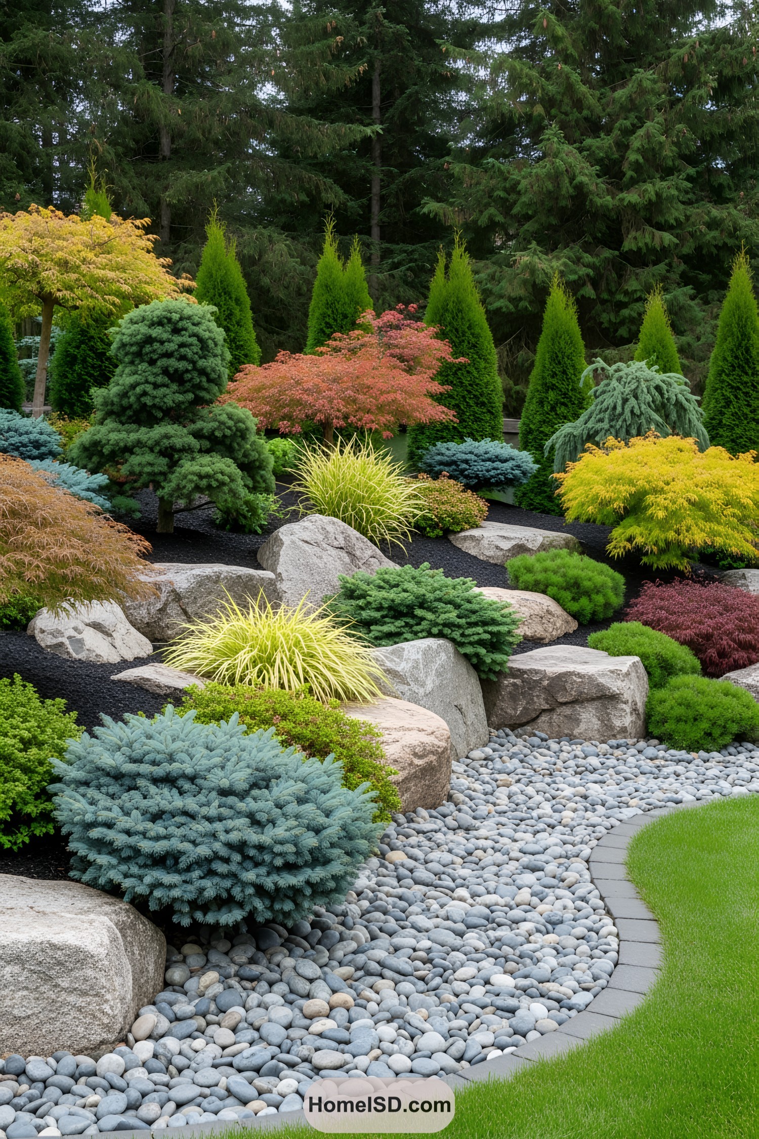 Lush landscaping with boulders and shrubs