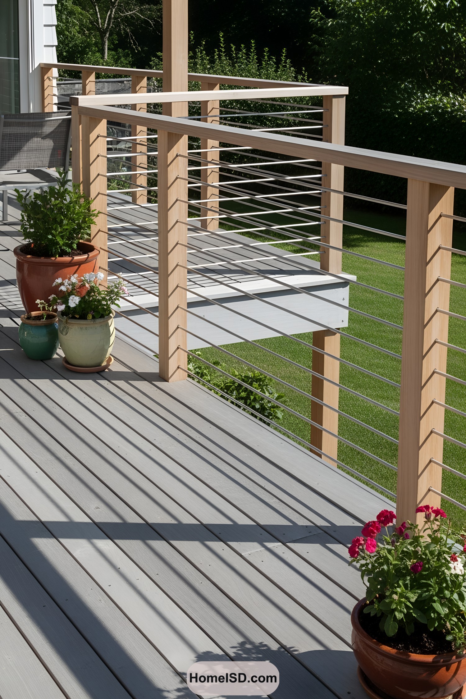 Contemporary railing on a sunny deck with potted plants