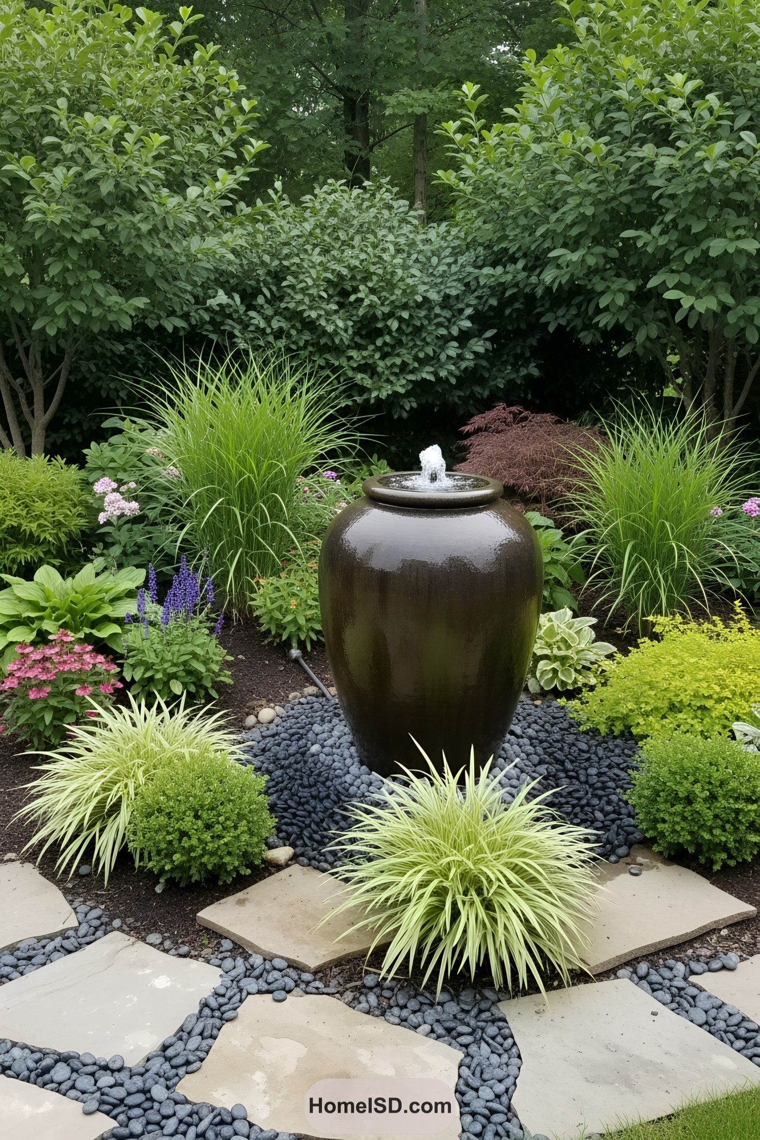 Tall ceramic jar fountain nestled among lush plants