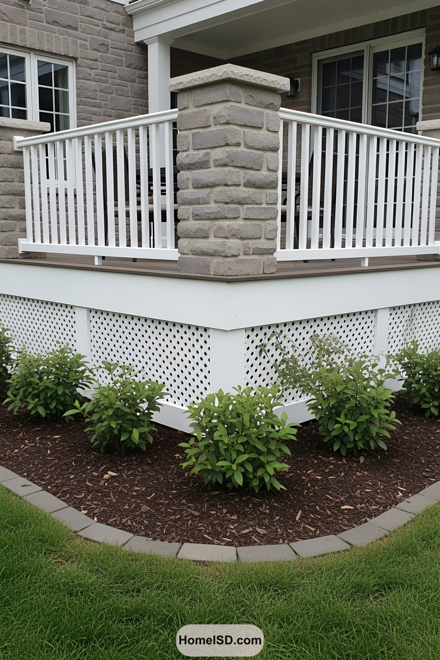 Deck with stone pillar and white lattice skirting