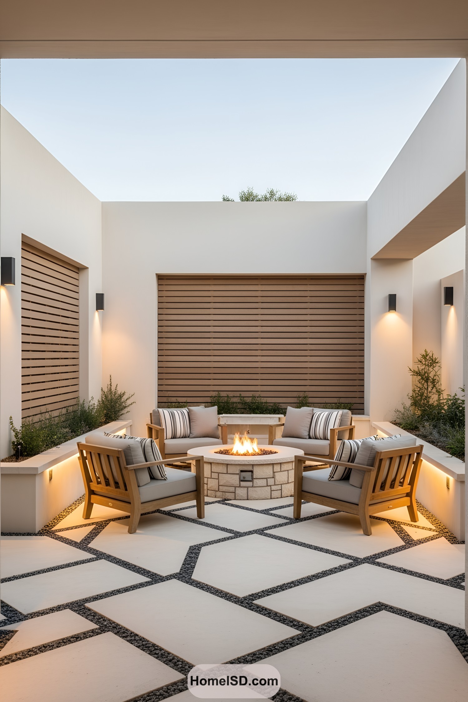 Modern fire pit area with wooden chairs and cozy cushions