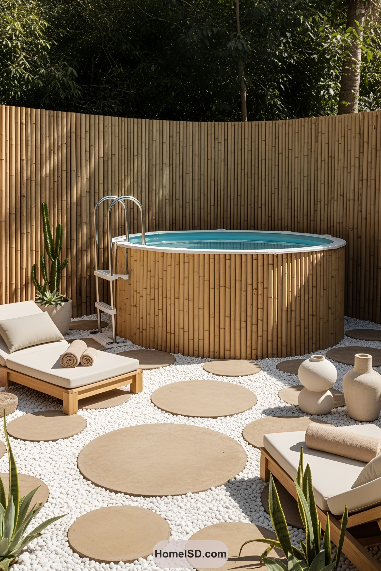 Bamboo-fenced poolside with loungers and pebbles