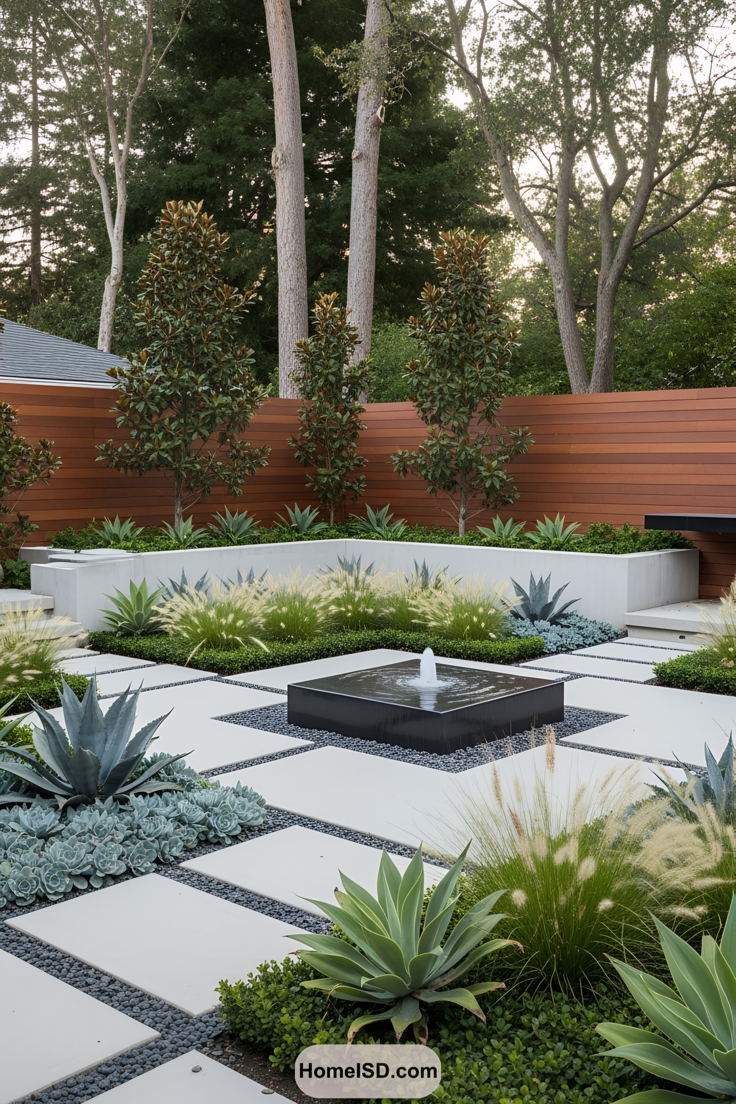 Modern yard with geometric fountain and lush greenery