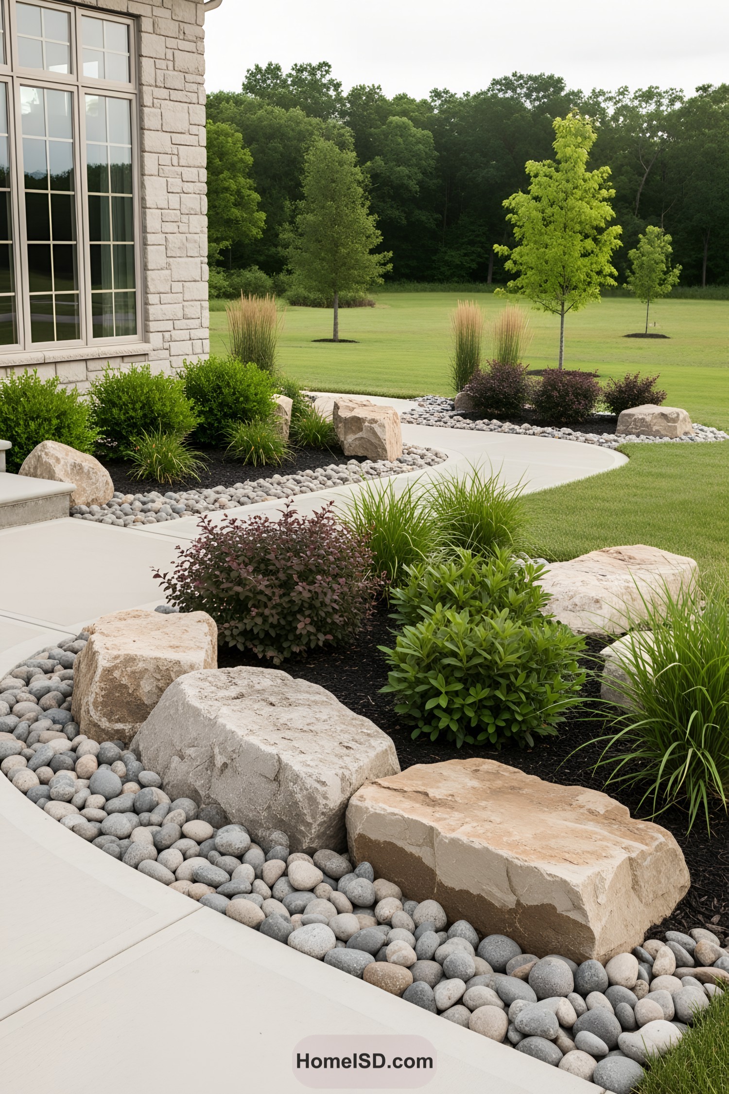 Landscaped garden with boulders and shrubs