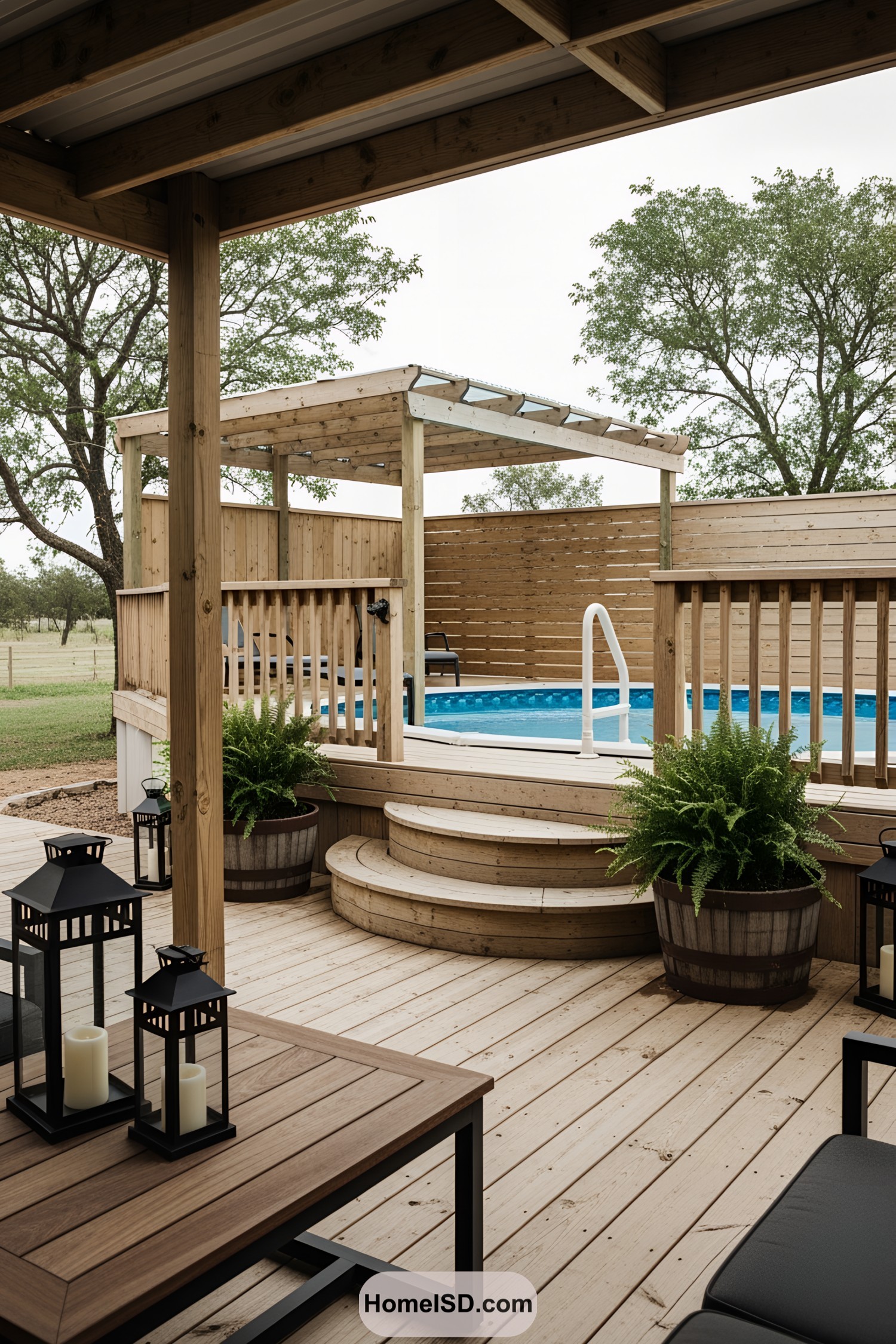 Elevated pool deck with wooden pergola and seating