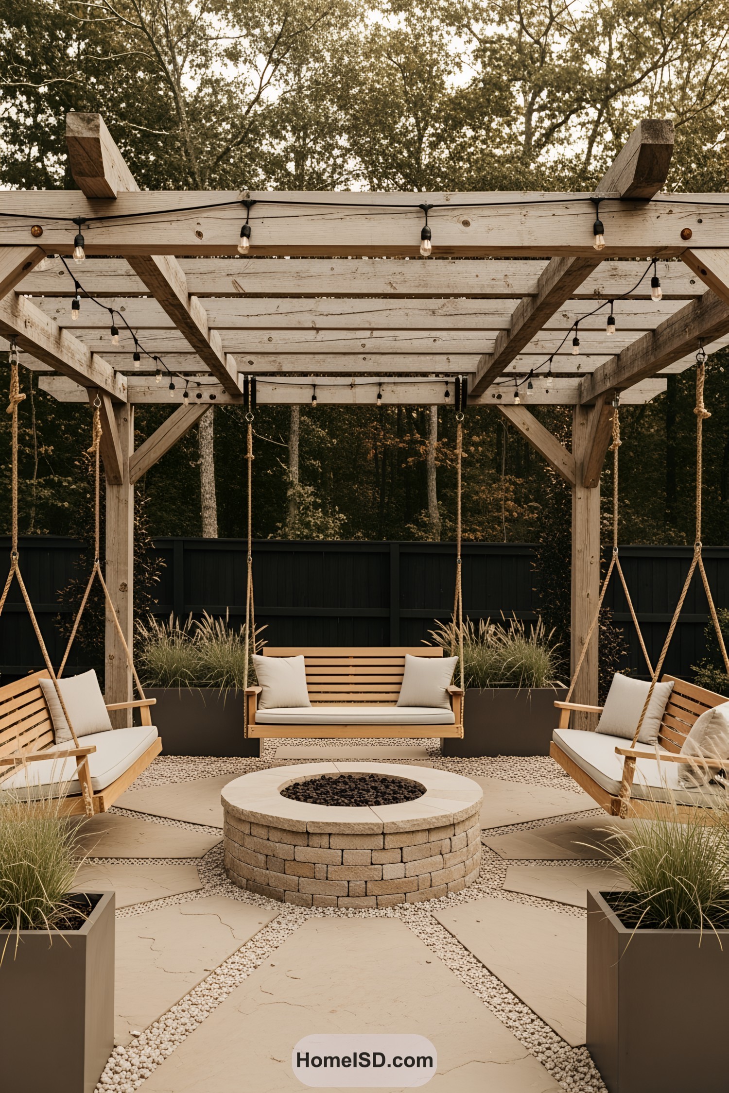 Cozy outdoor fire pit with swing seating under a pergola