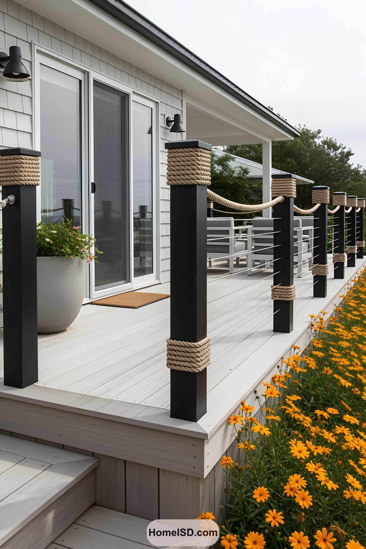 Deck with black posts and rope railing beside yellow flowers