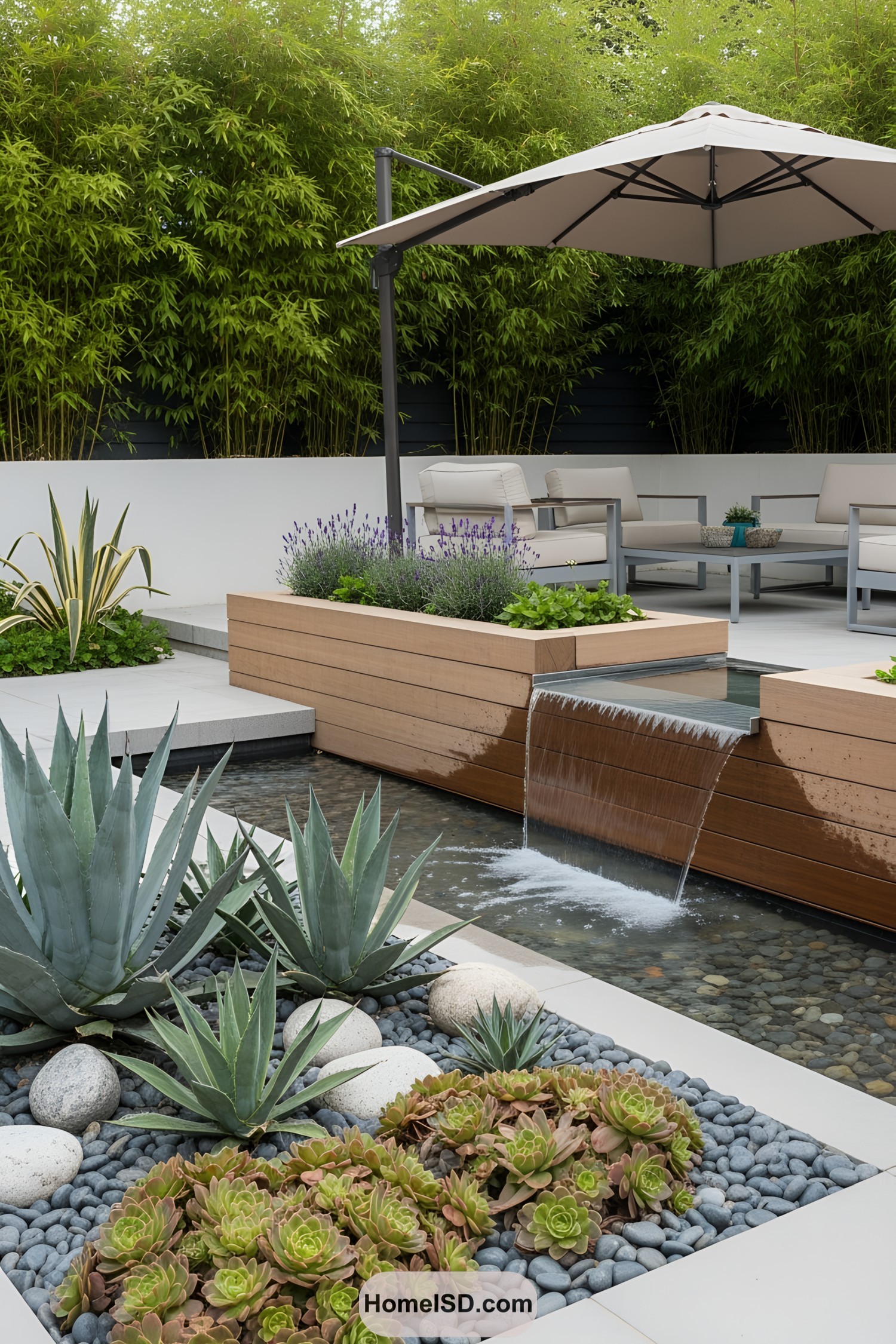 Modern fountain with agave and succulents