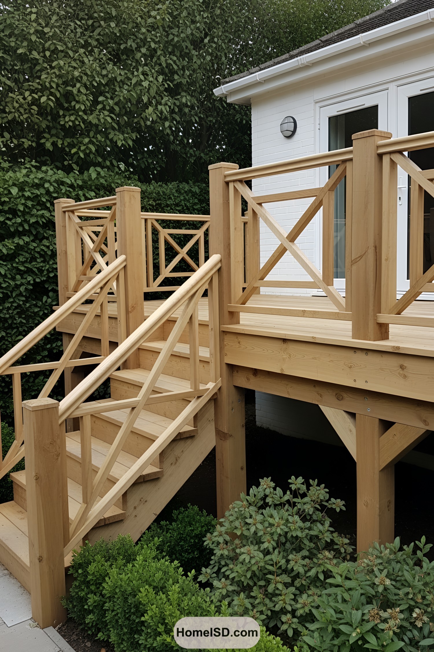 Wooden deck railing with staircase and greenery