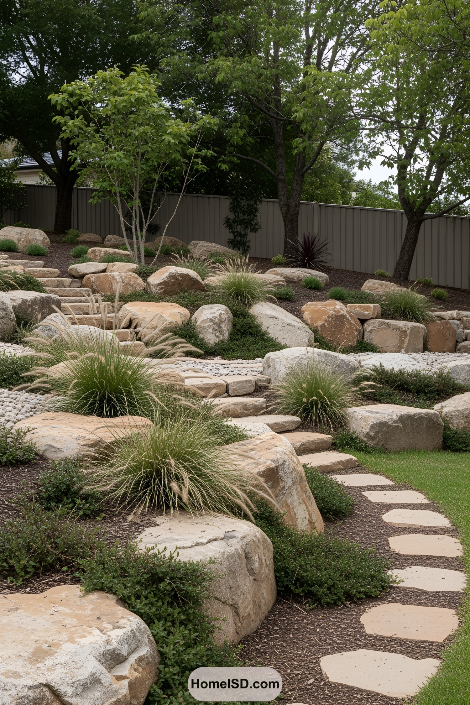 Lush garden with large boulders and stone pathway