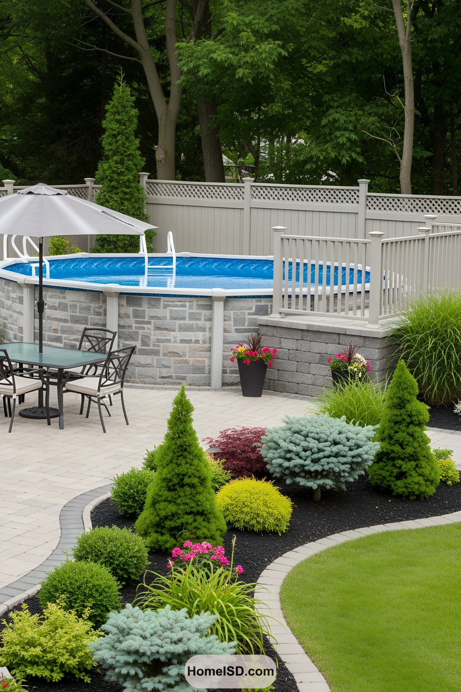 Above ground pool with lush garden and patio