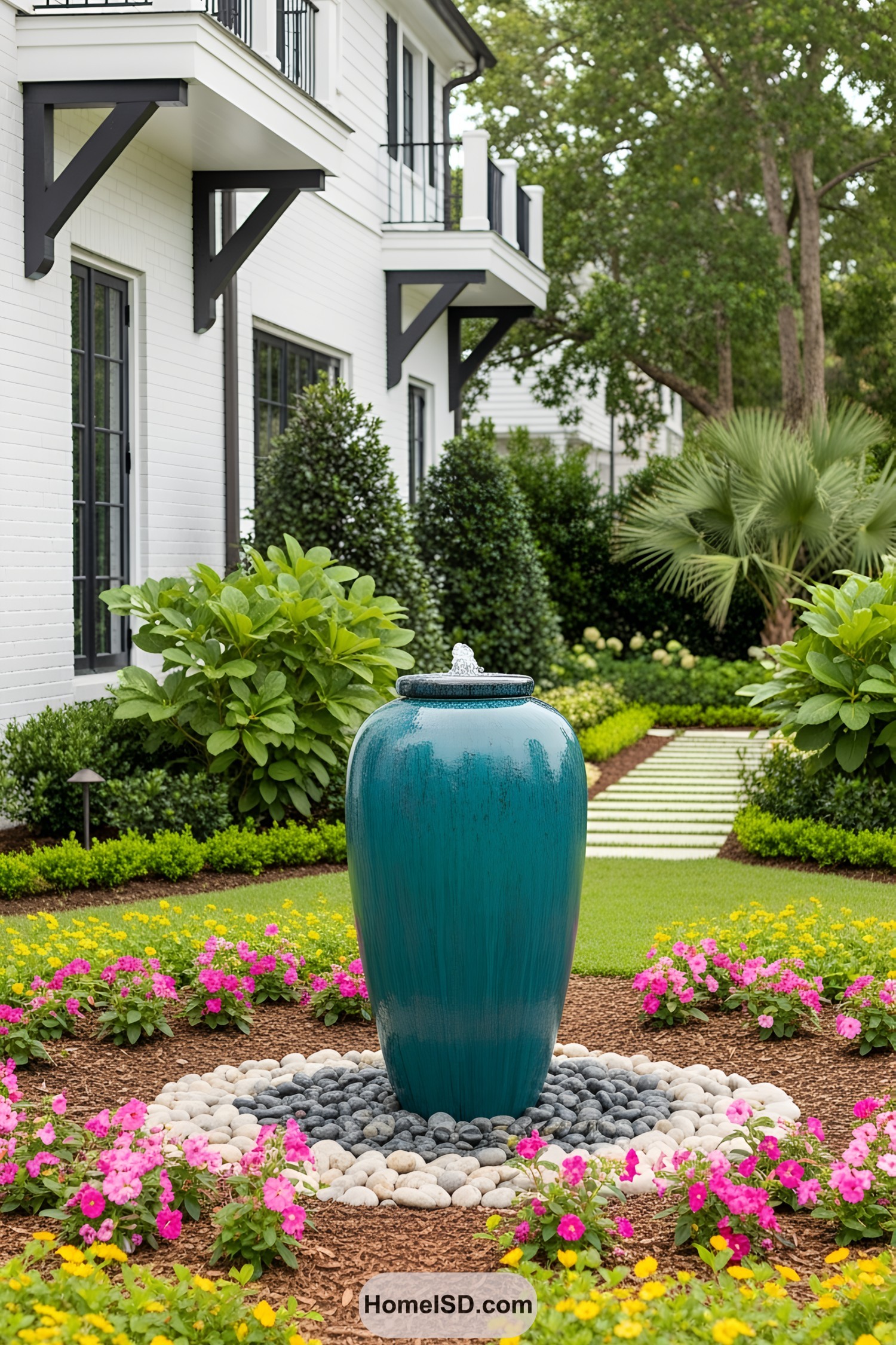 Tall blue vase fountain surrounded by colorful flowers and greenery