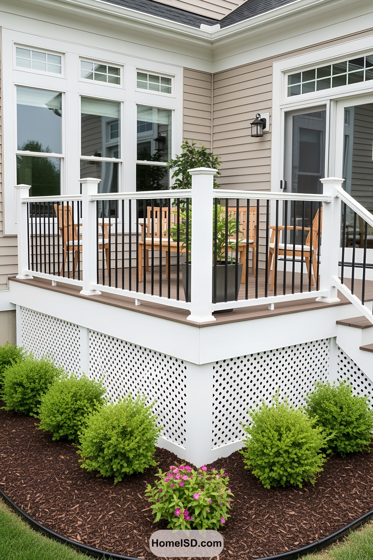 Stylish deck skirting with white lattice and greenery