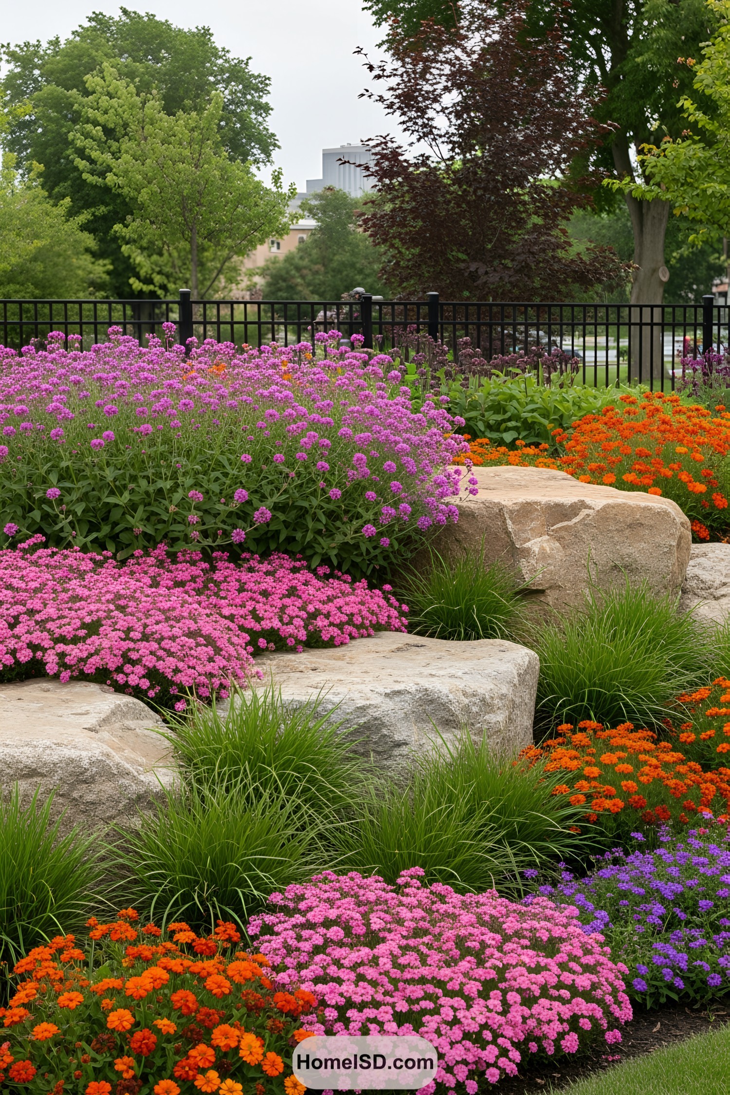 Colorful flowers and large boulders in a landscaped garden