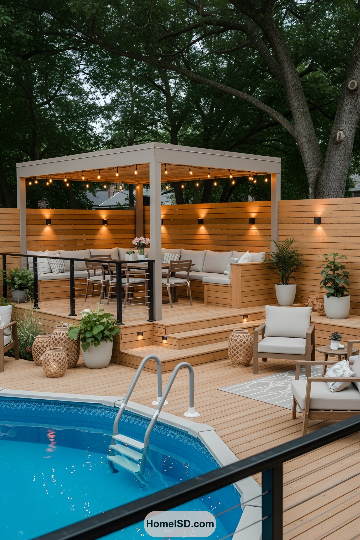 Above ground pool with wooden deck and cozy seating area