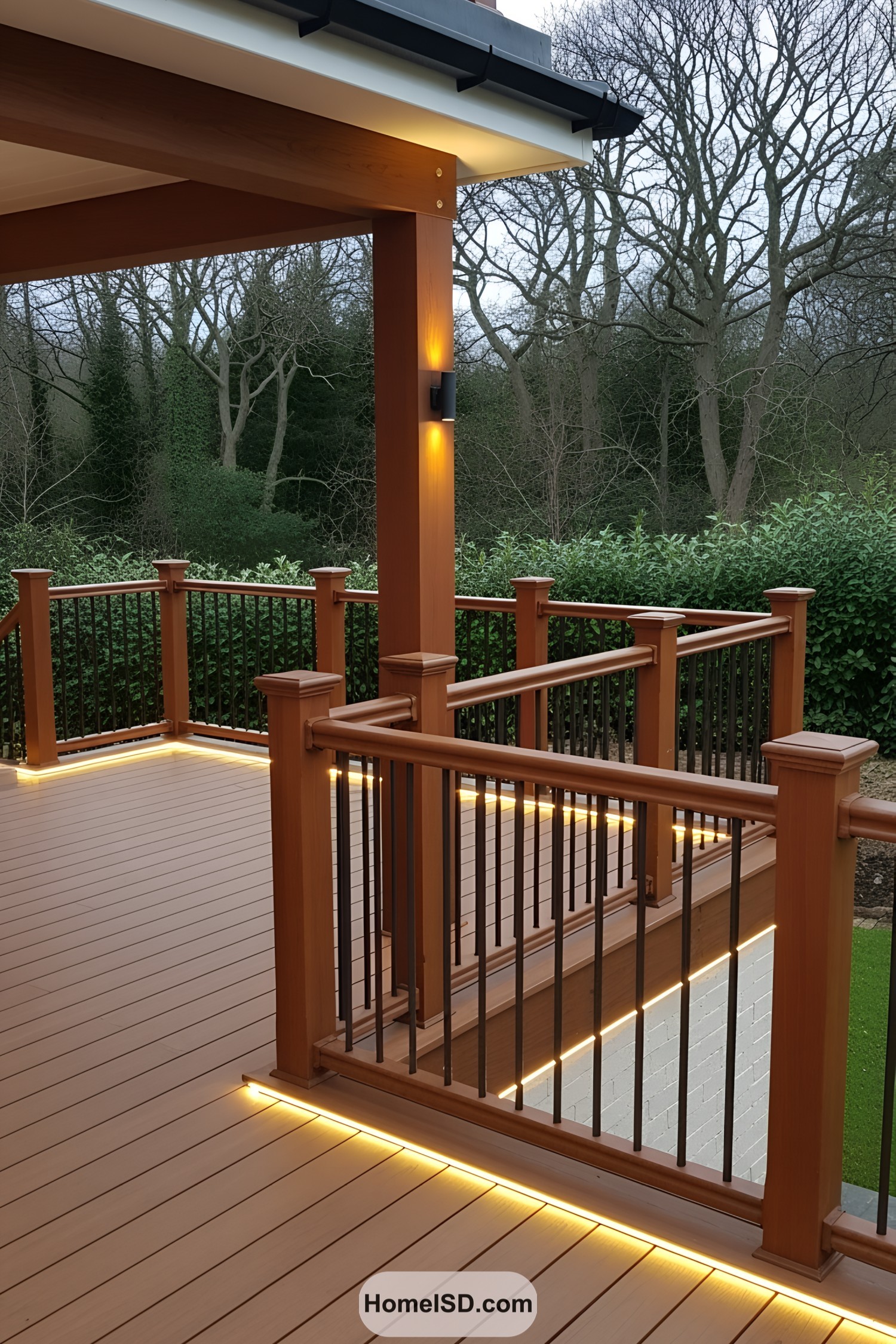Wooden deck with glowing rail lights
