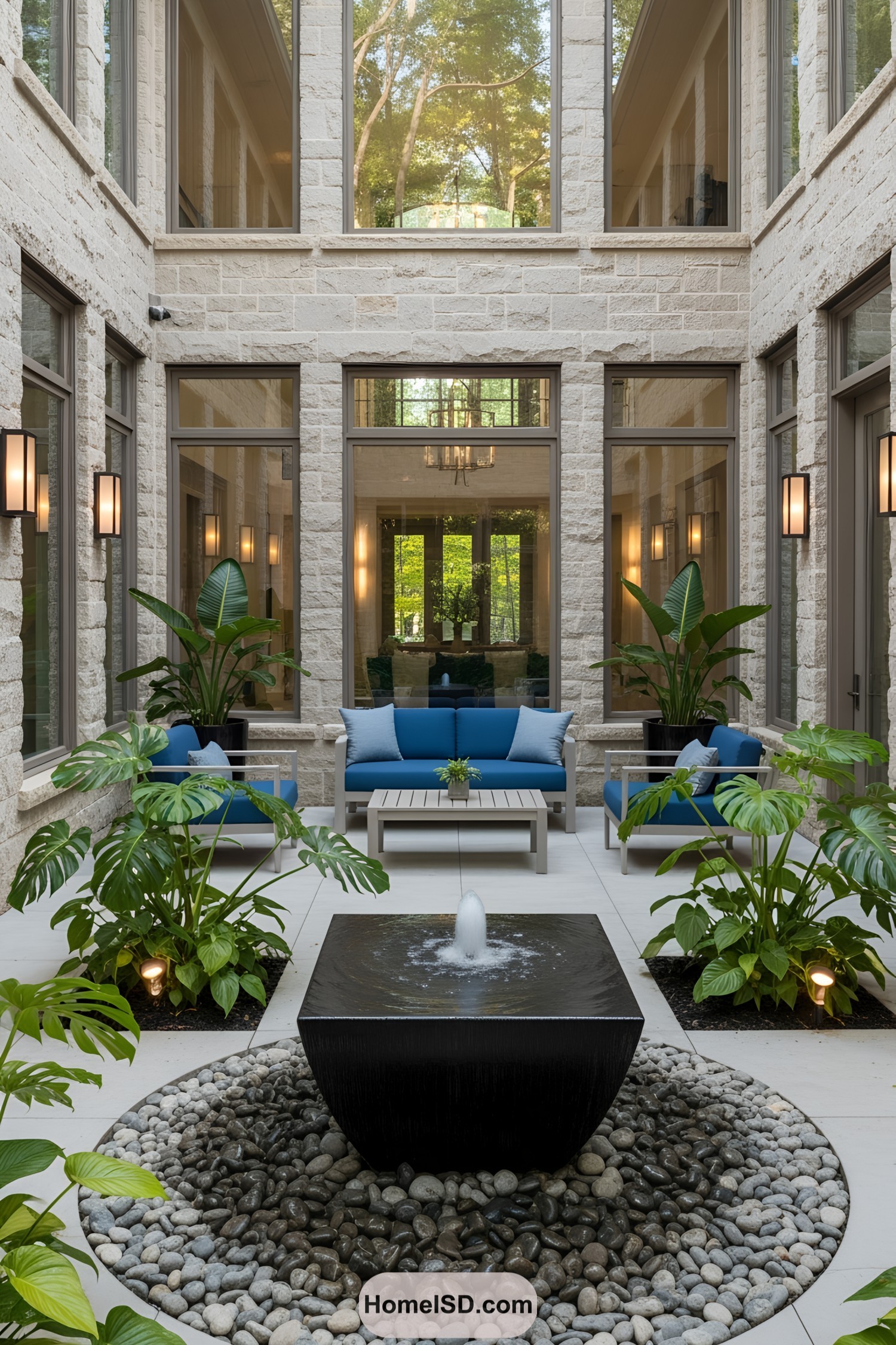 Contemporary courtyard with a sleek central fountain