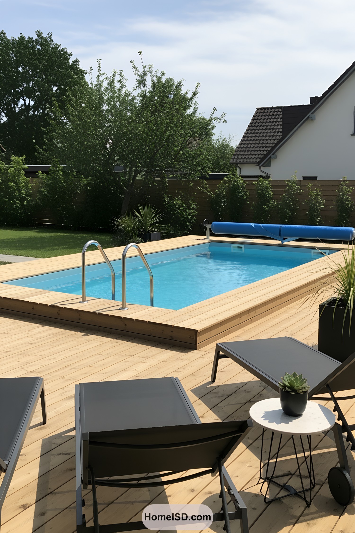 Minimalist pool with wooden deck and lounge chairs