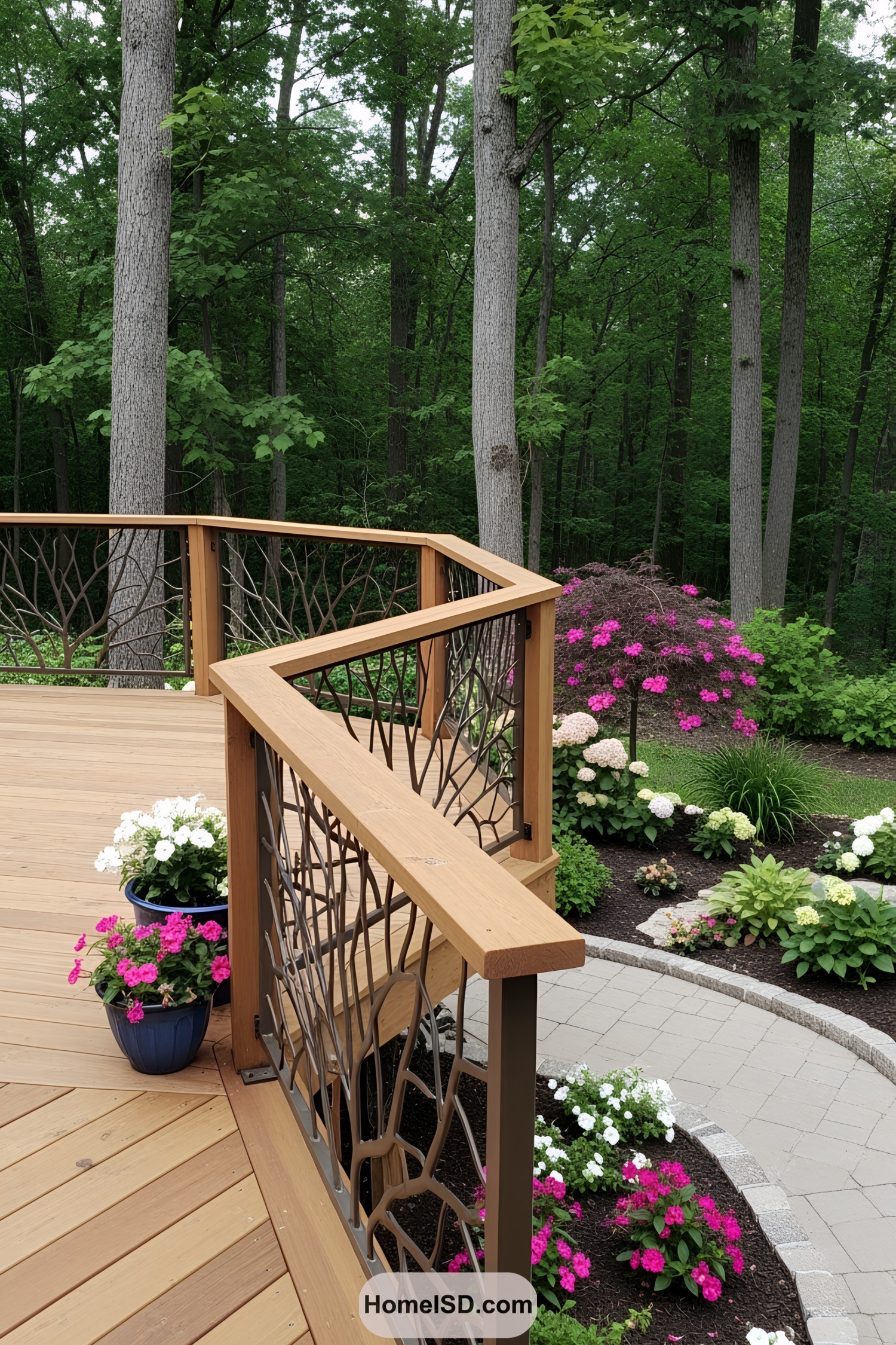 Deck with artistic railing, surrounded by vibrant flowers