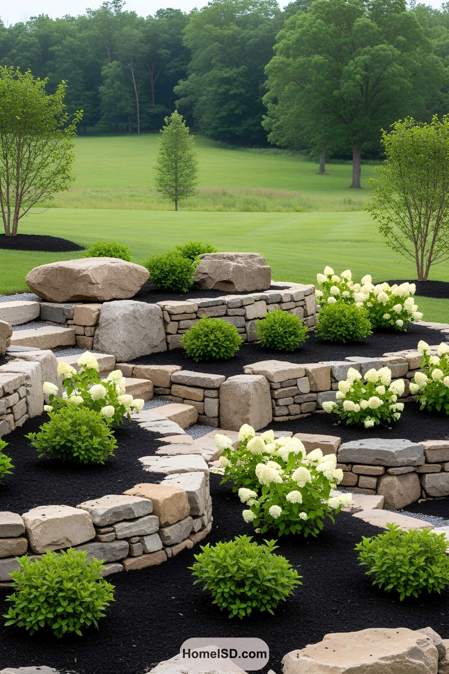 Tiered rock garden with green shrubs and white flowers